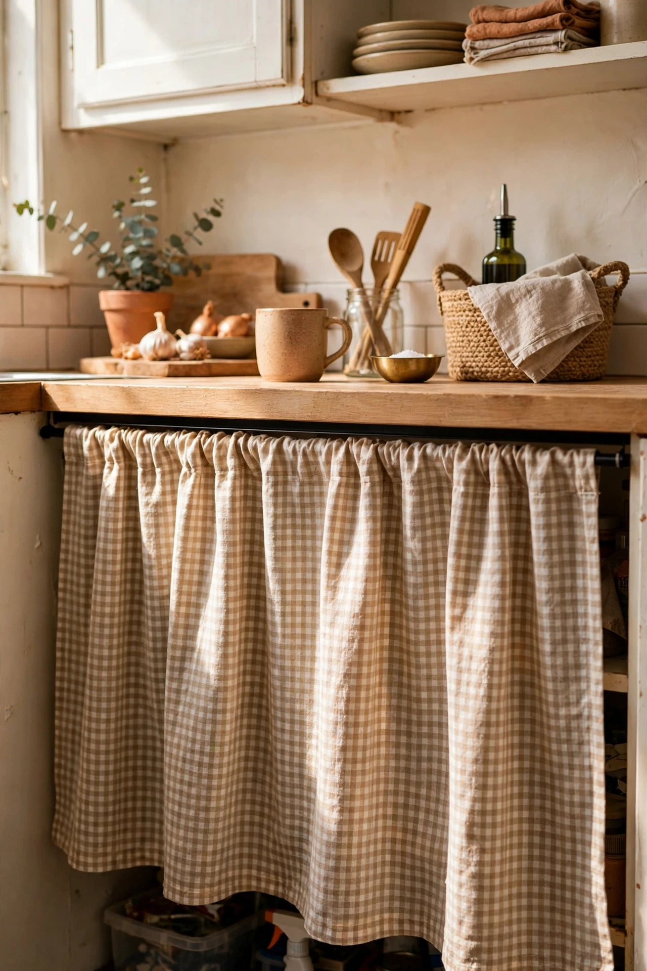 Cafe curtain on tension rod hiding lower shelves