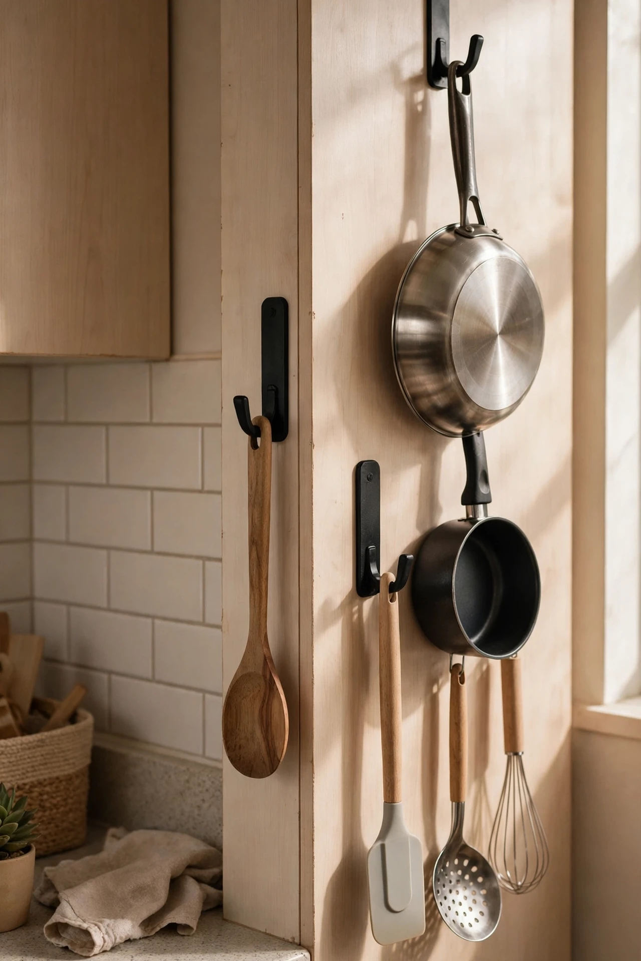 Adhesive hooks holding pans on cabinet side