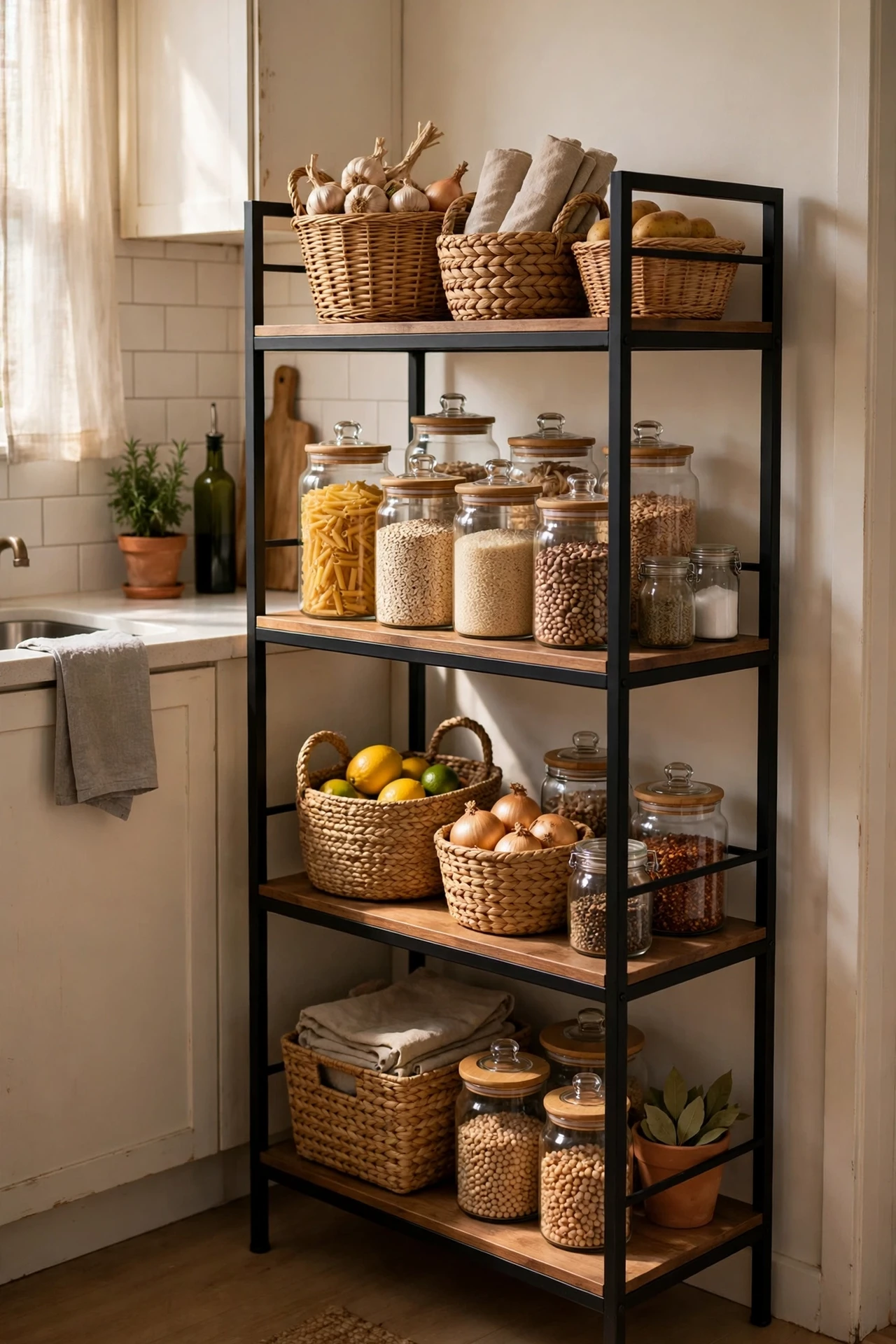 Freestanding baker's rack styled as rental pantry