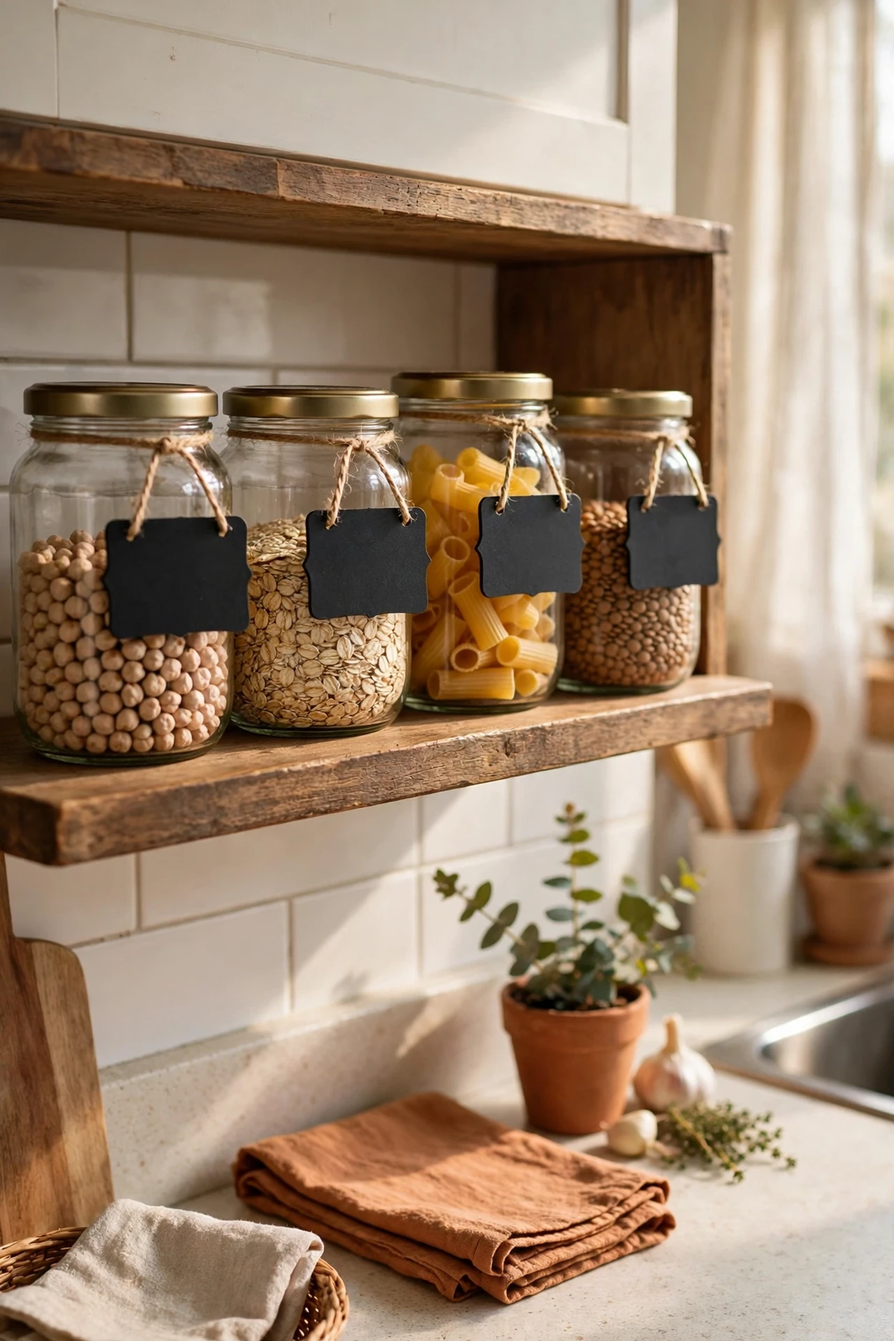 Jars with removable chalkboard labels on open shelf