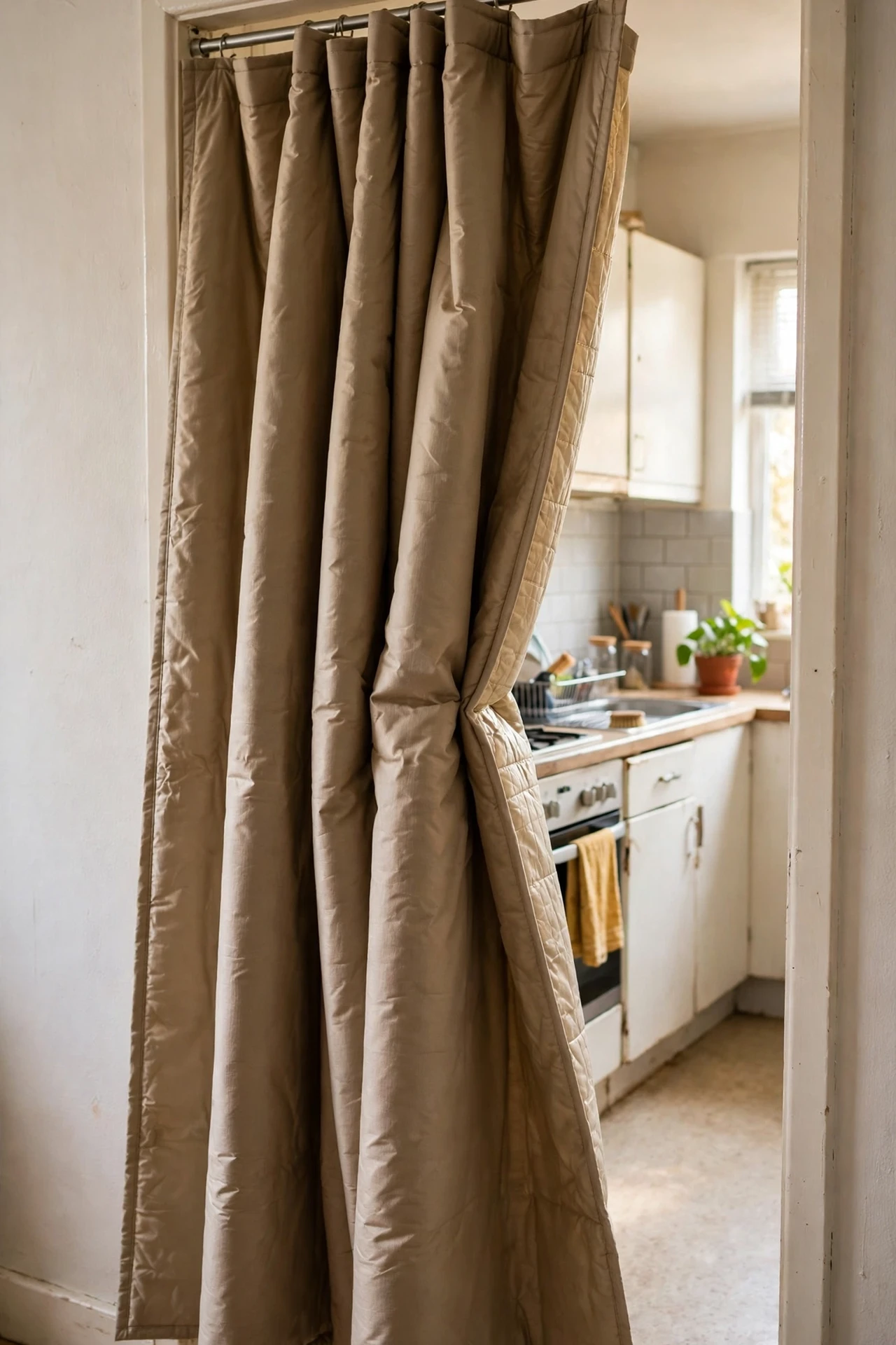 Thermal curtain on tension rod across kitchen doorway