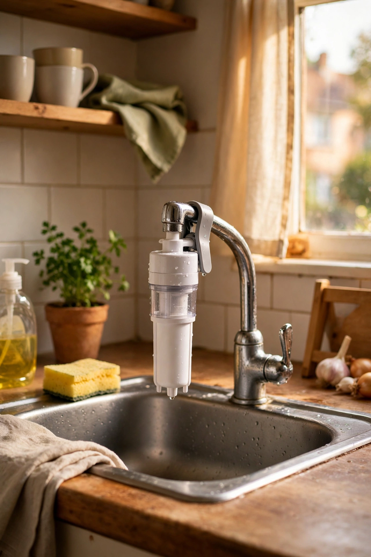 Clip-on tap filter fitted to rental kitchen tap