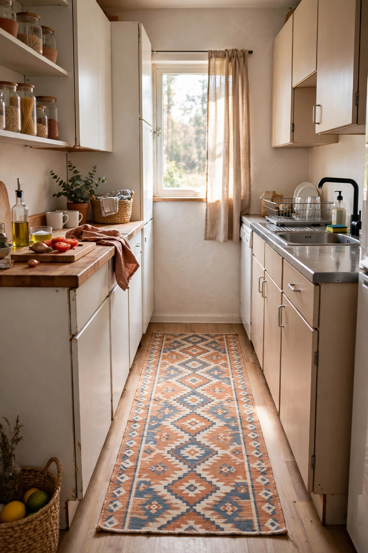 Washable rug runner in galley rental kitchen