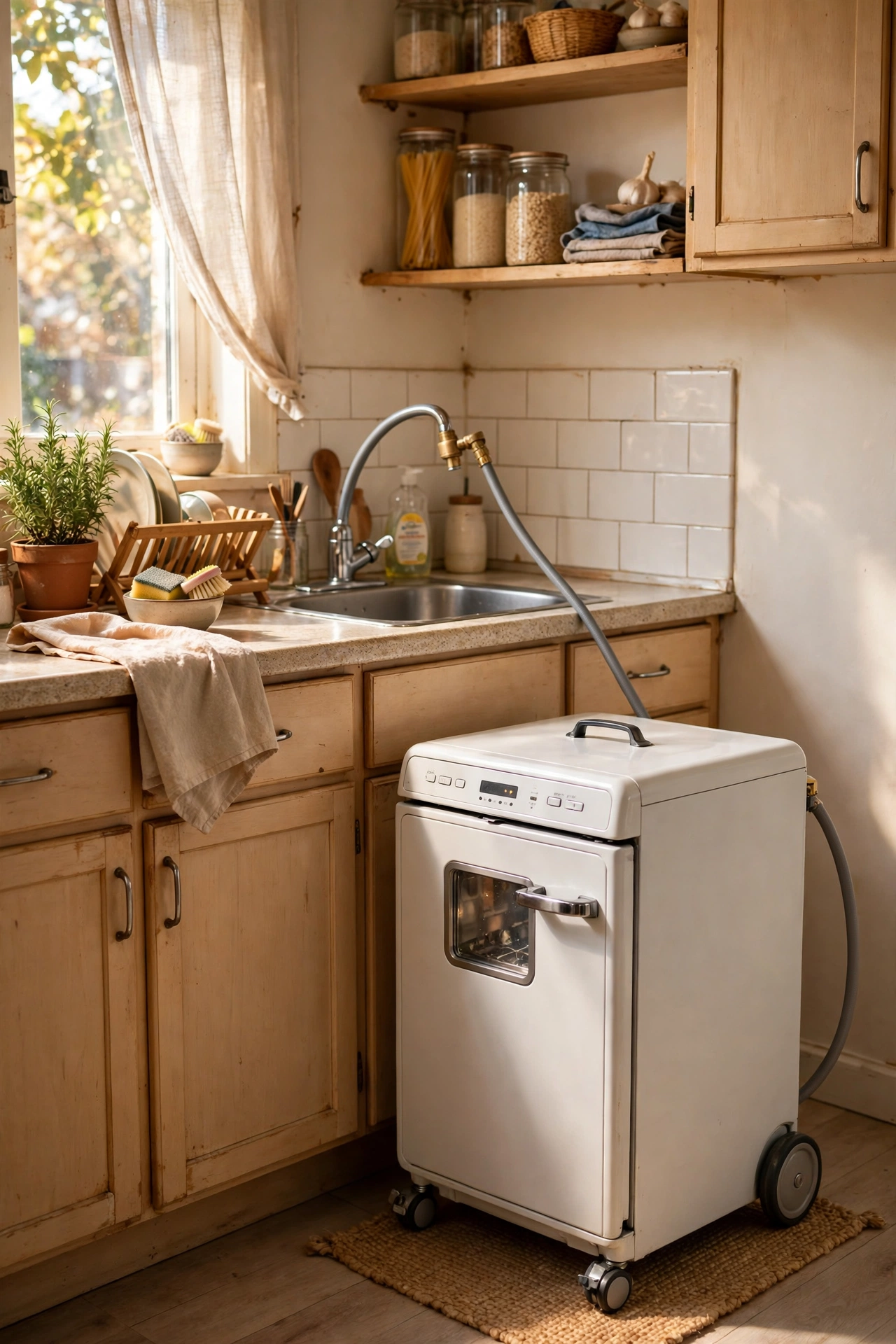 Portable dishwasher on wheels connected to tap