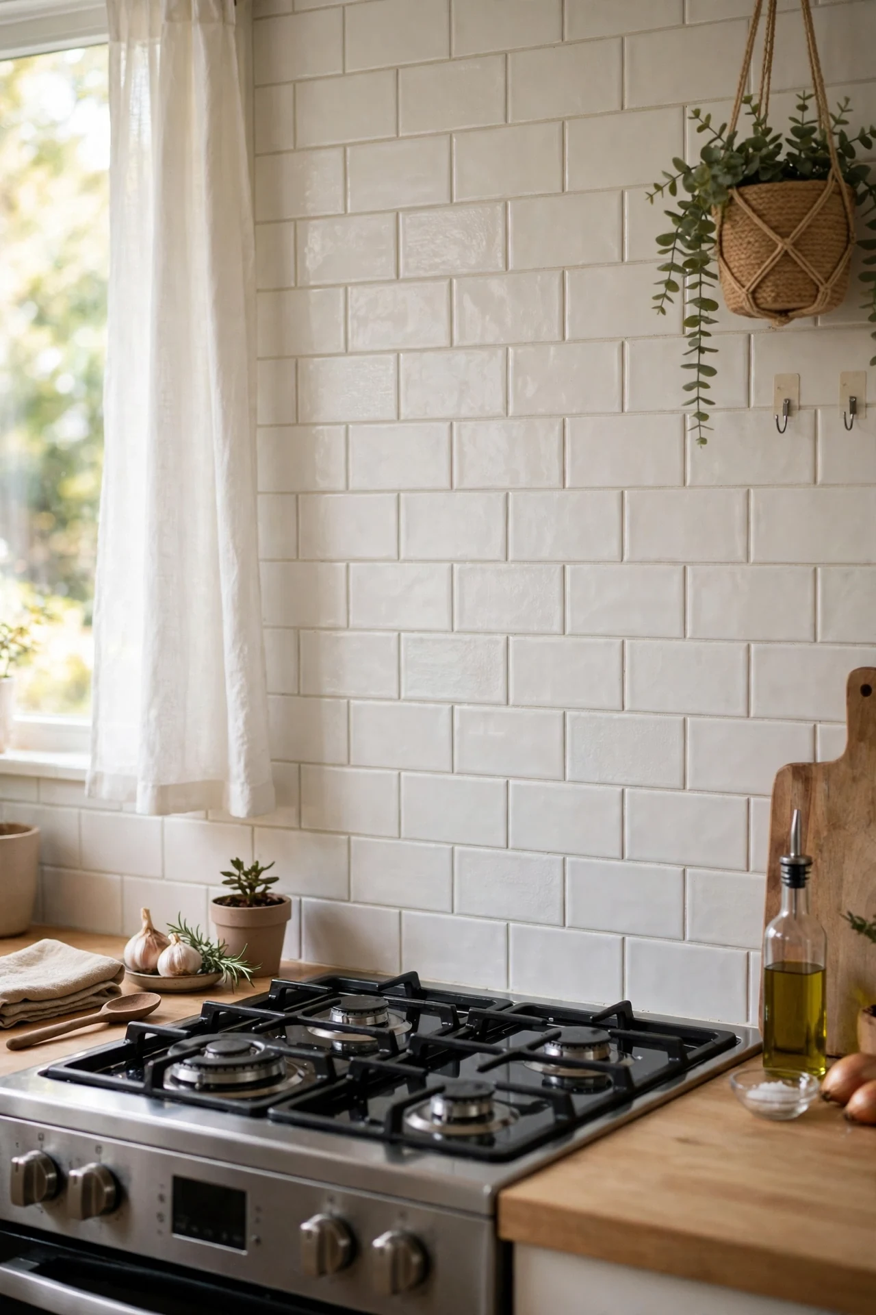Peel-and-stick subway tile backsplash behind a kitchen hob