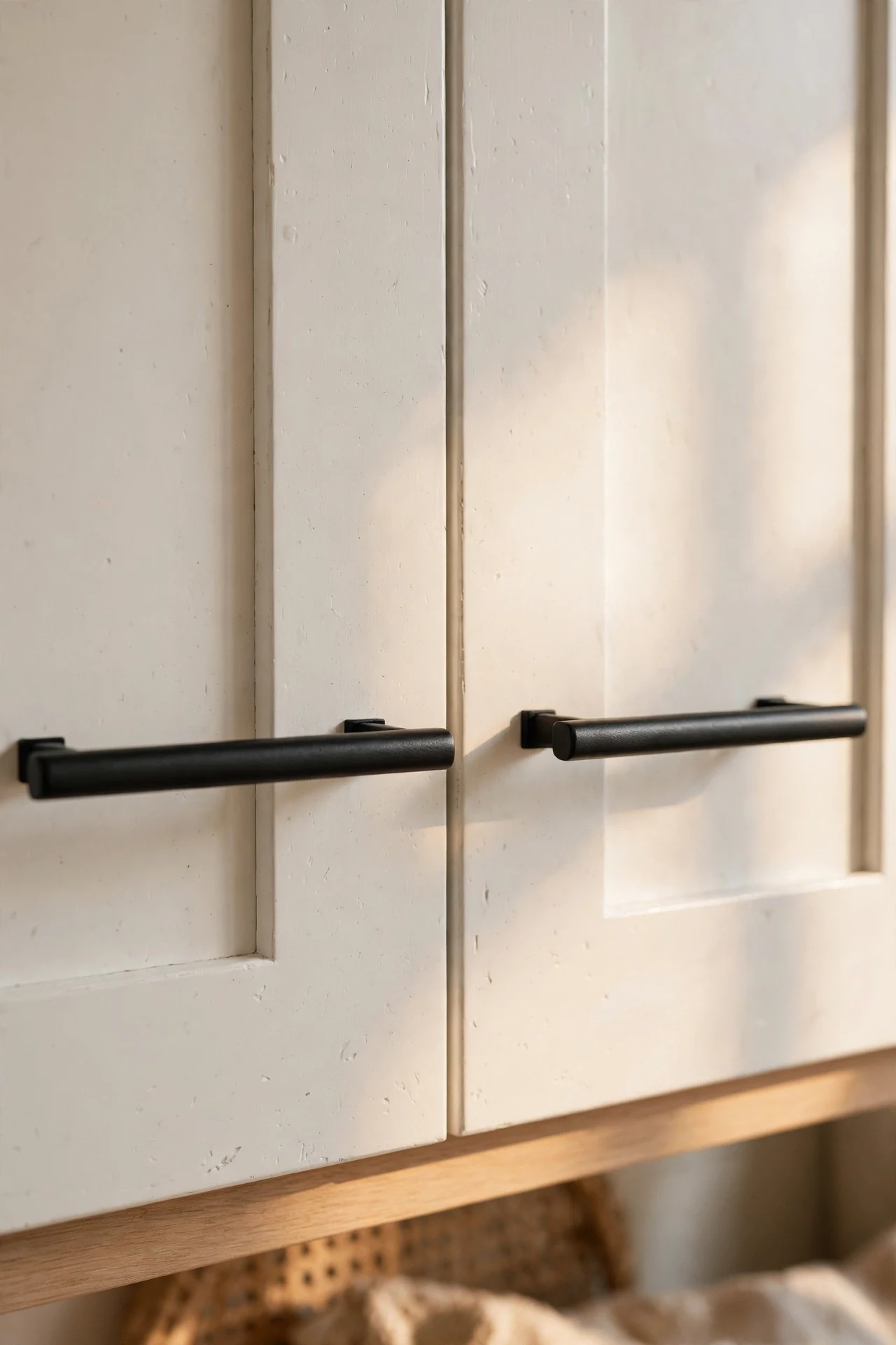 Matte black bar pulls on white kitchen cupboard doors