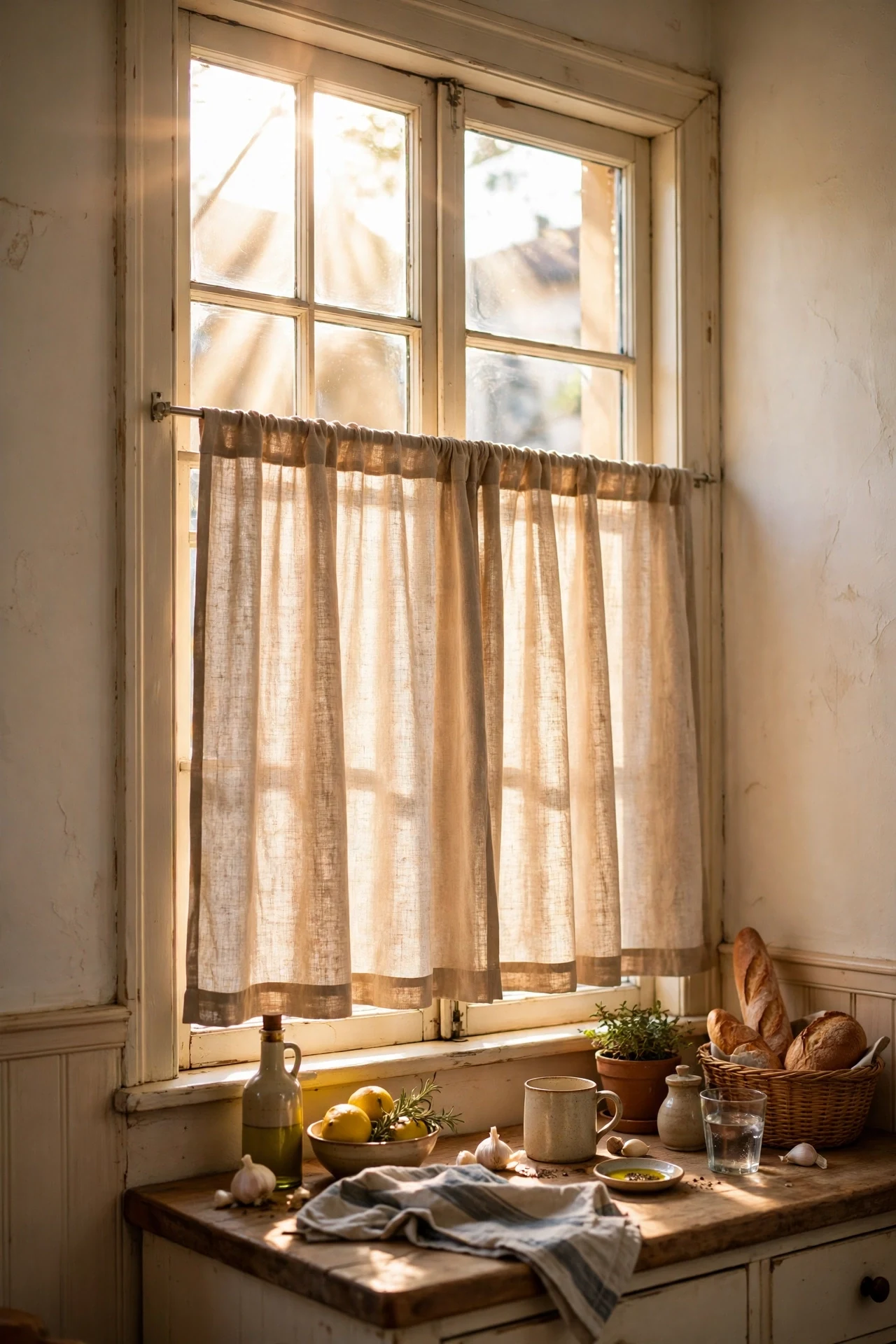 Half-height cafe curtains on a tension rod in kitchen