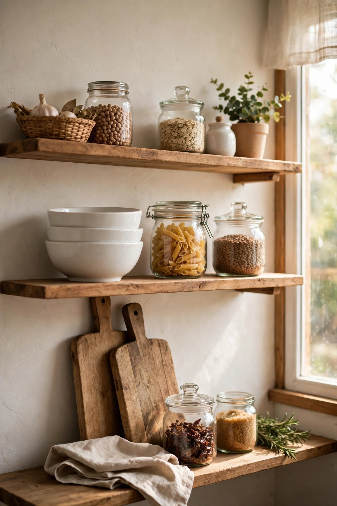 Styled open kitchen shelf with bowls and chopping boards