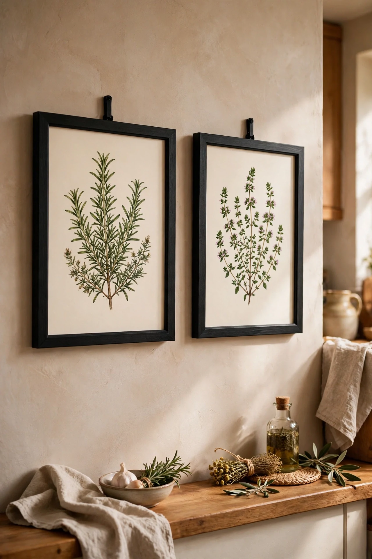 Framed botanical prints hanging on a kitchen wall