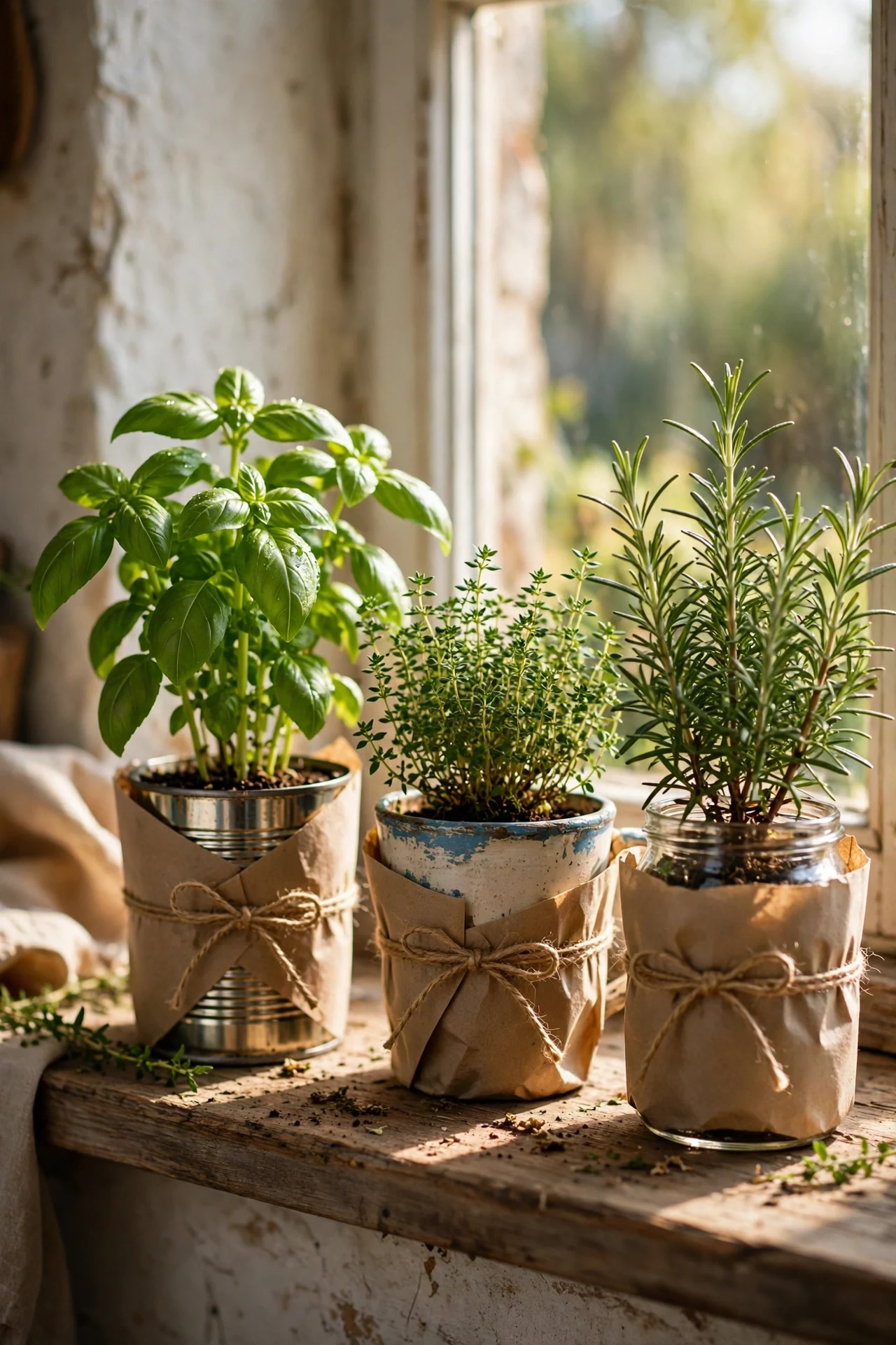 Potted kitchen herbs in kraft-paper wrapped containers on sill