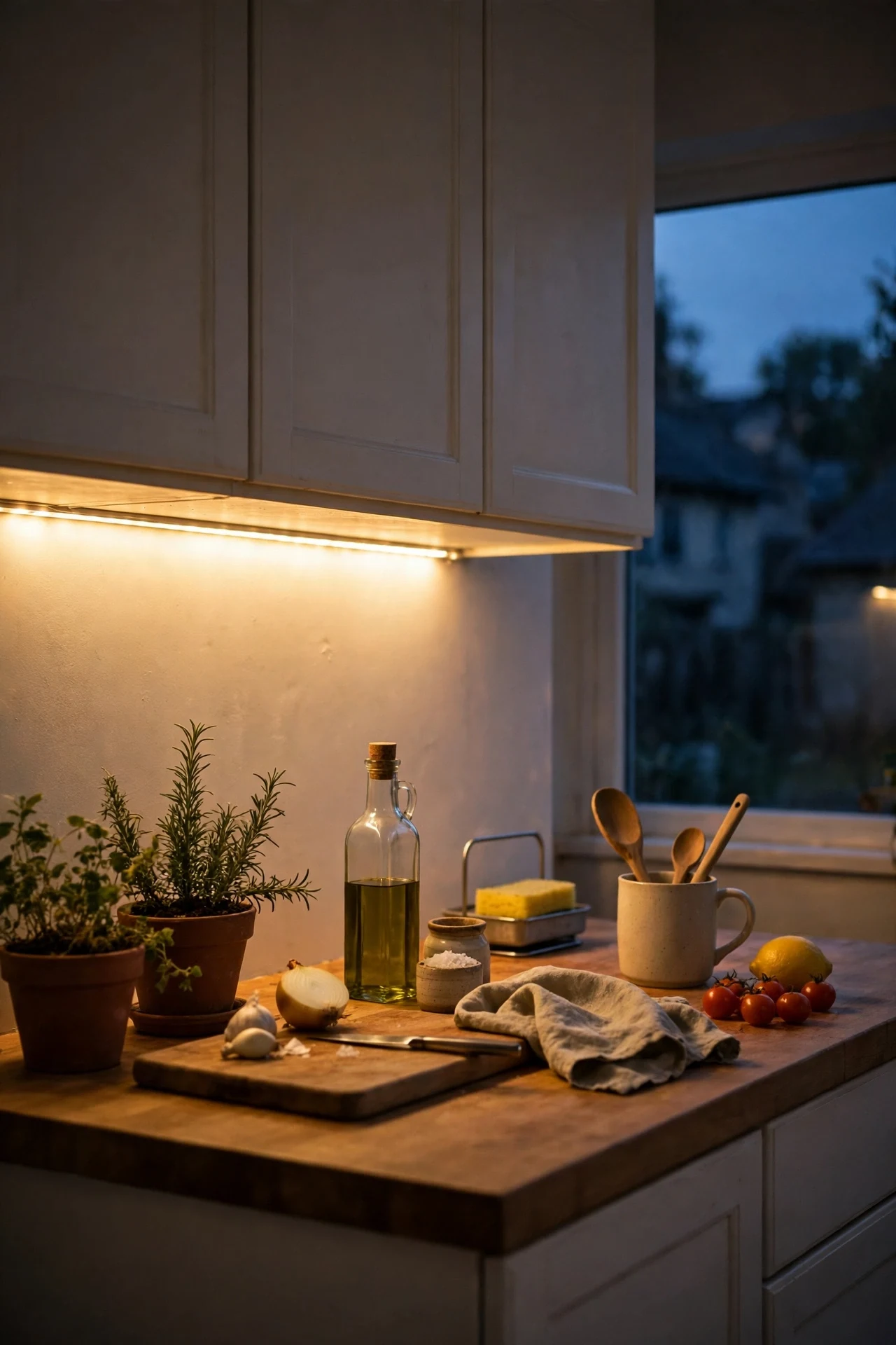 Warm LED strip lights glowing under kitchen wall cabinets