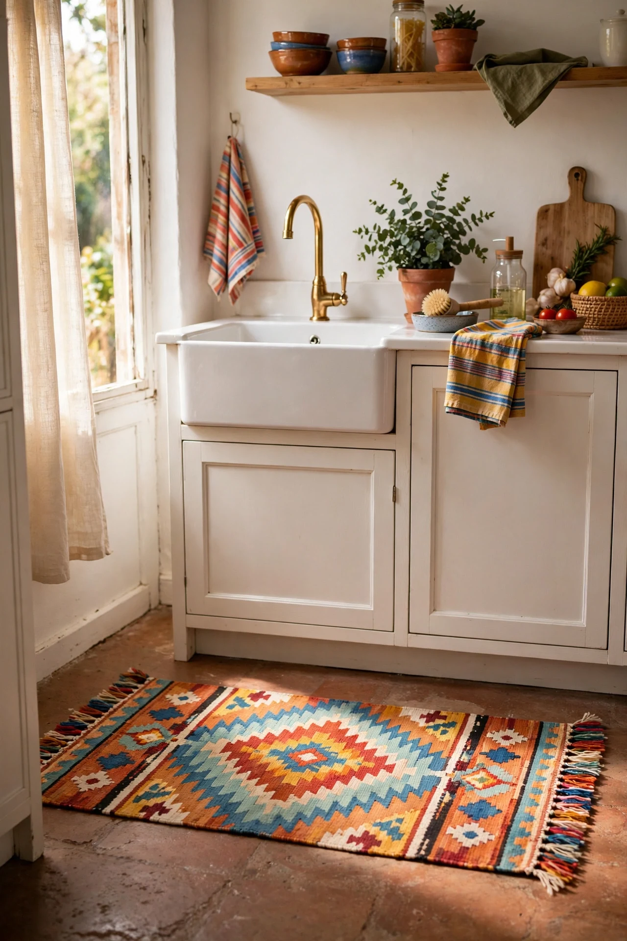 Patterned washable runner rug in front of kitchen sink