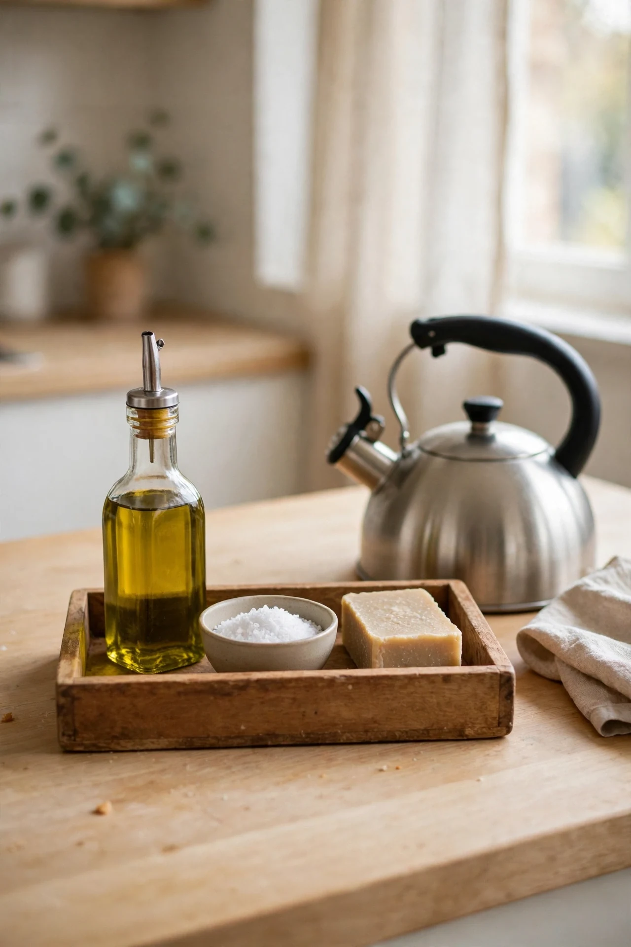 Wooden tray styling daily essentials on kitchen counter