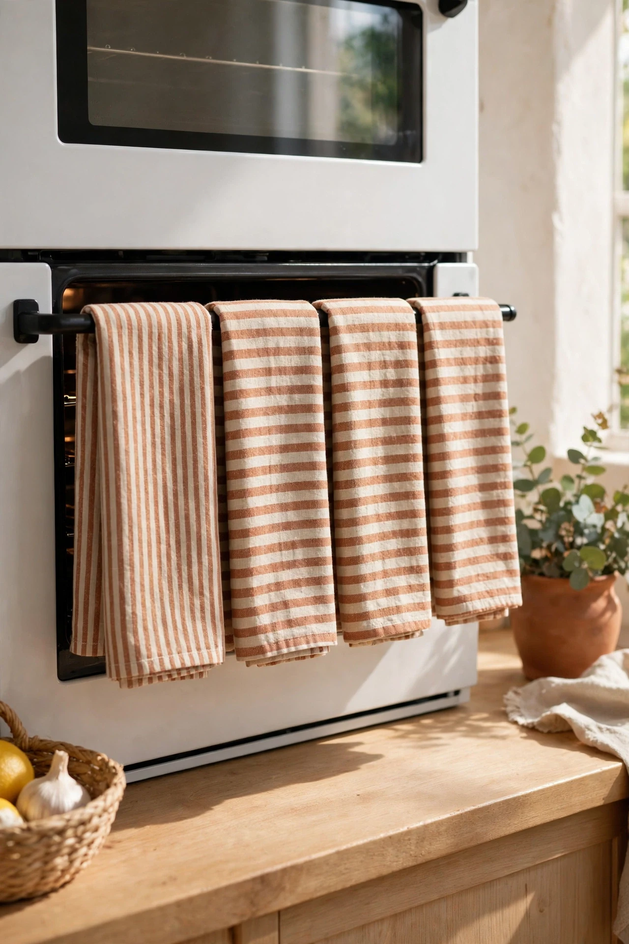Coordinated striped tea towels hanging on oven rail