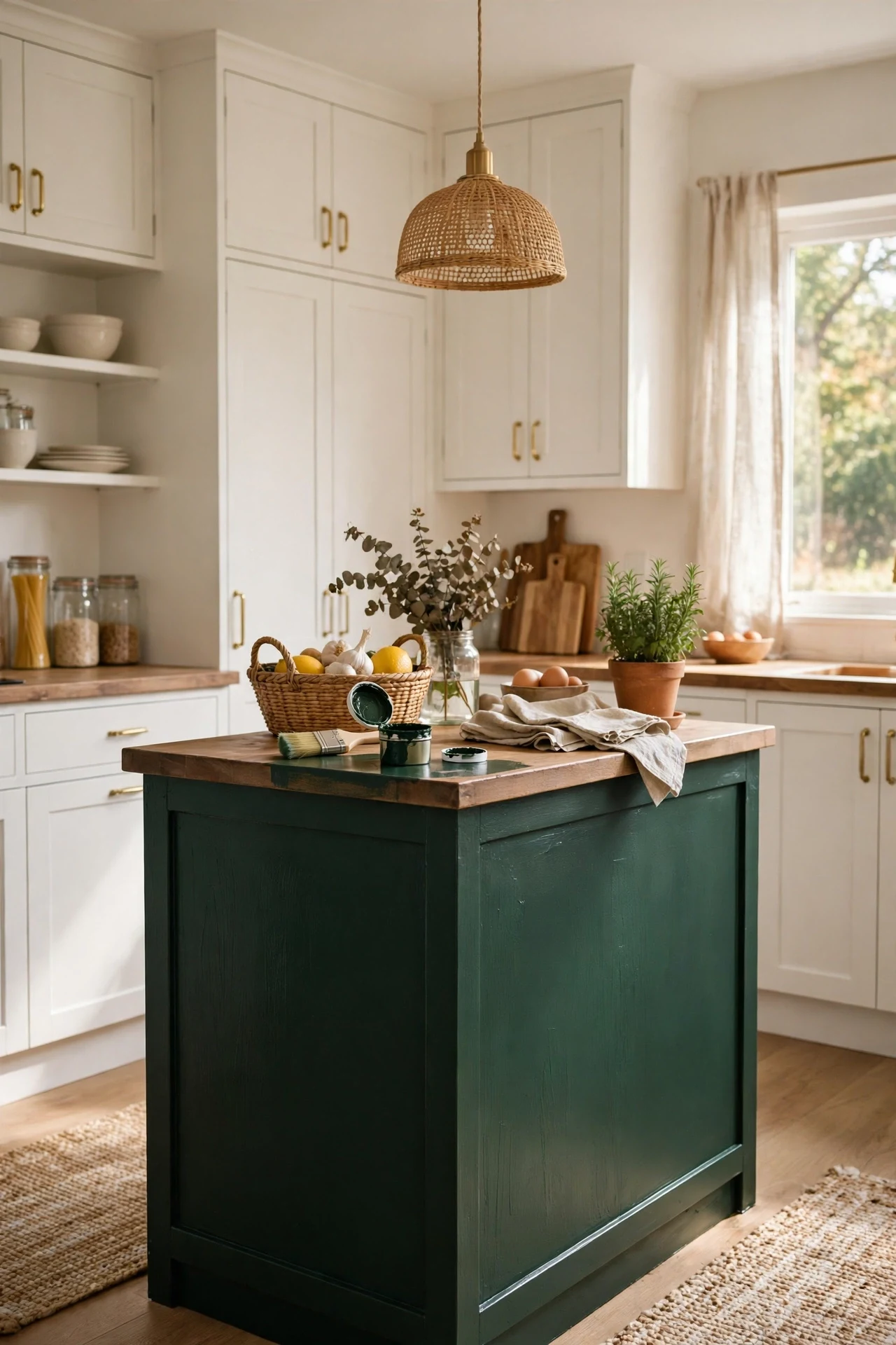 Kitchen island painted deep forest green with brass hardware