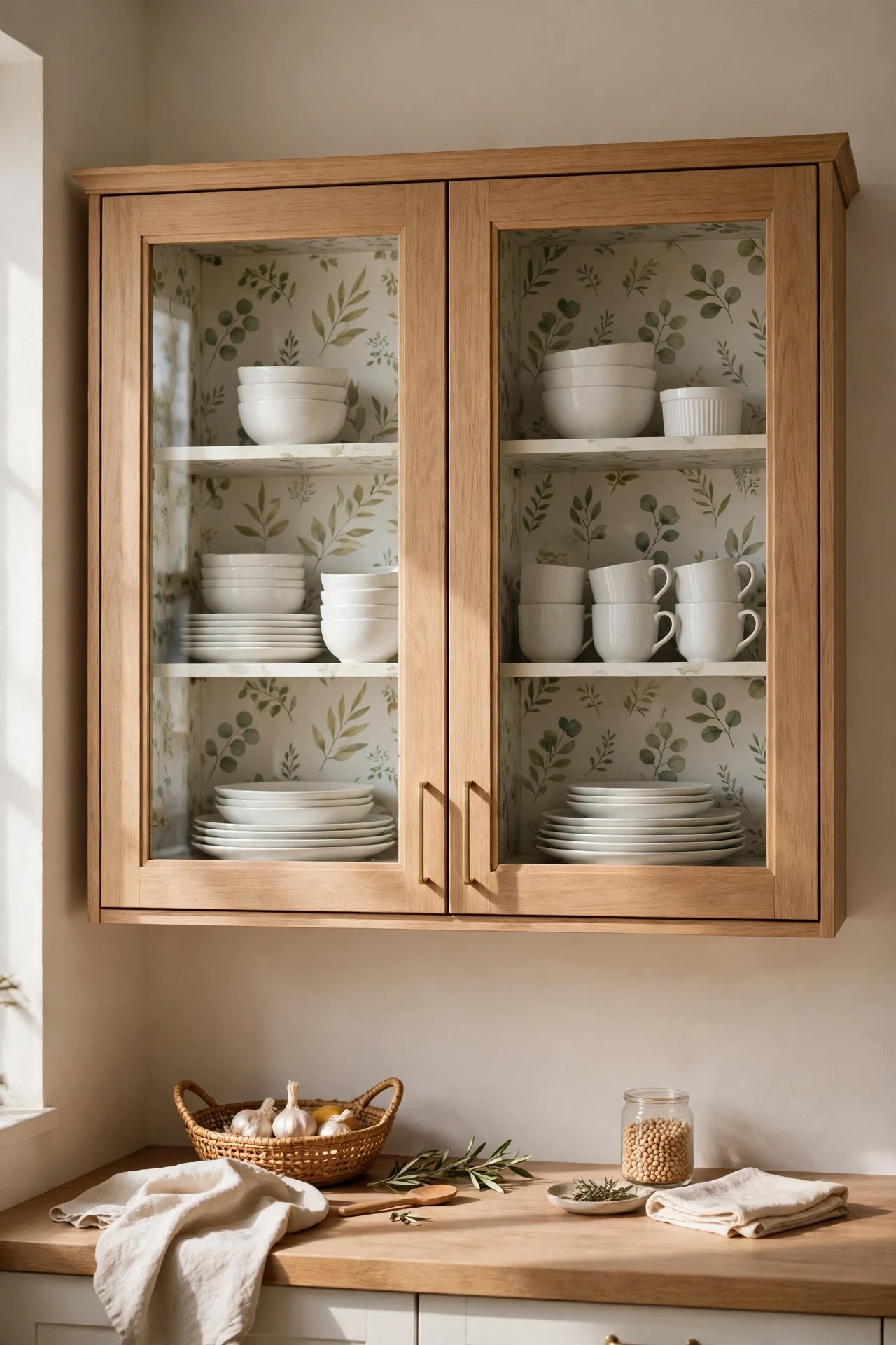 Glass cabinet backs lined with botanical peel-and-stick paper