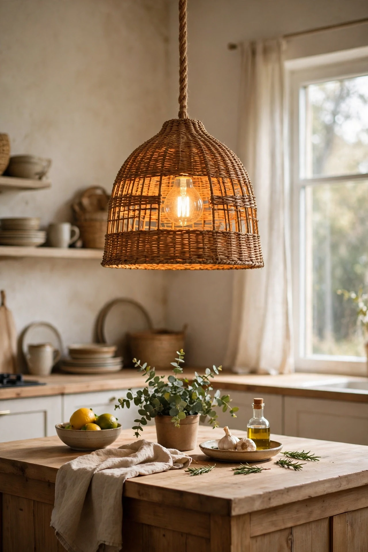 Woven pendant shade hanging over a kitchen island