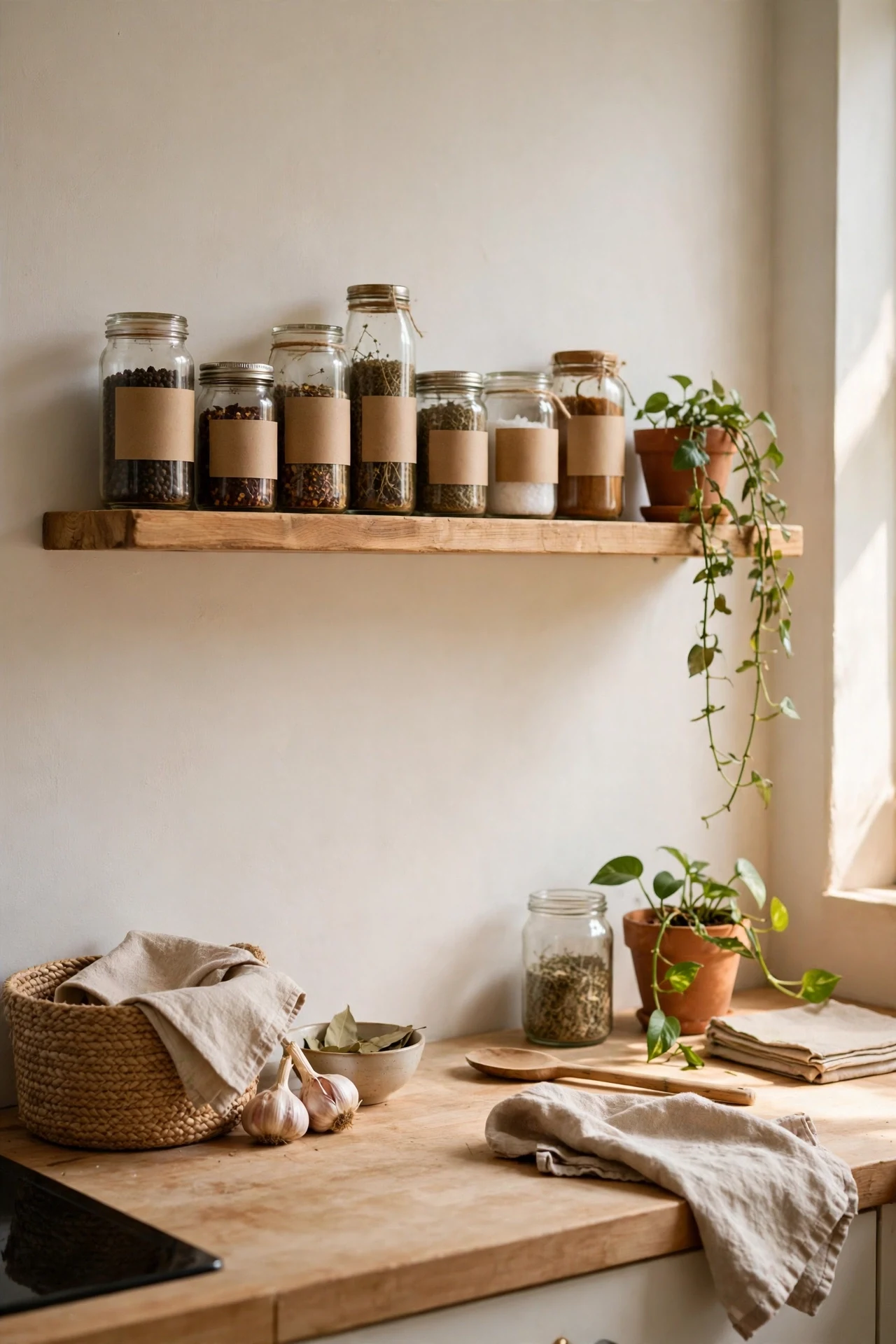 Floating shelf with spice jars styled beside a hob