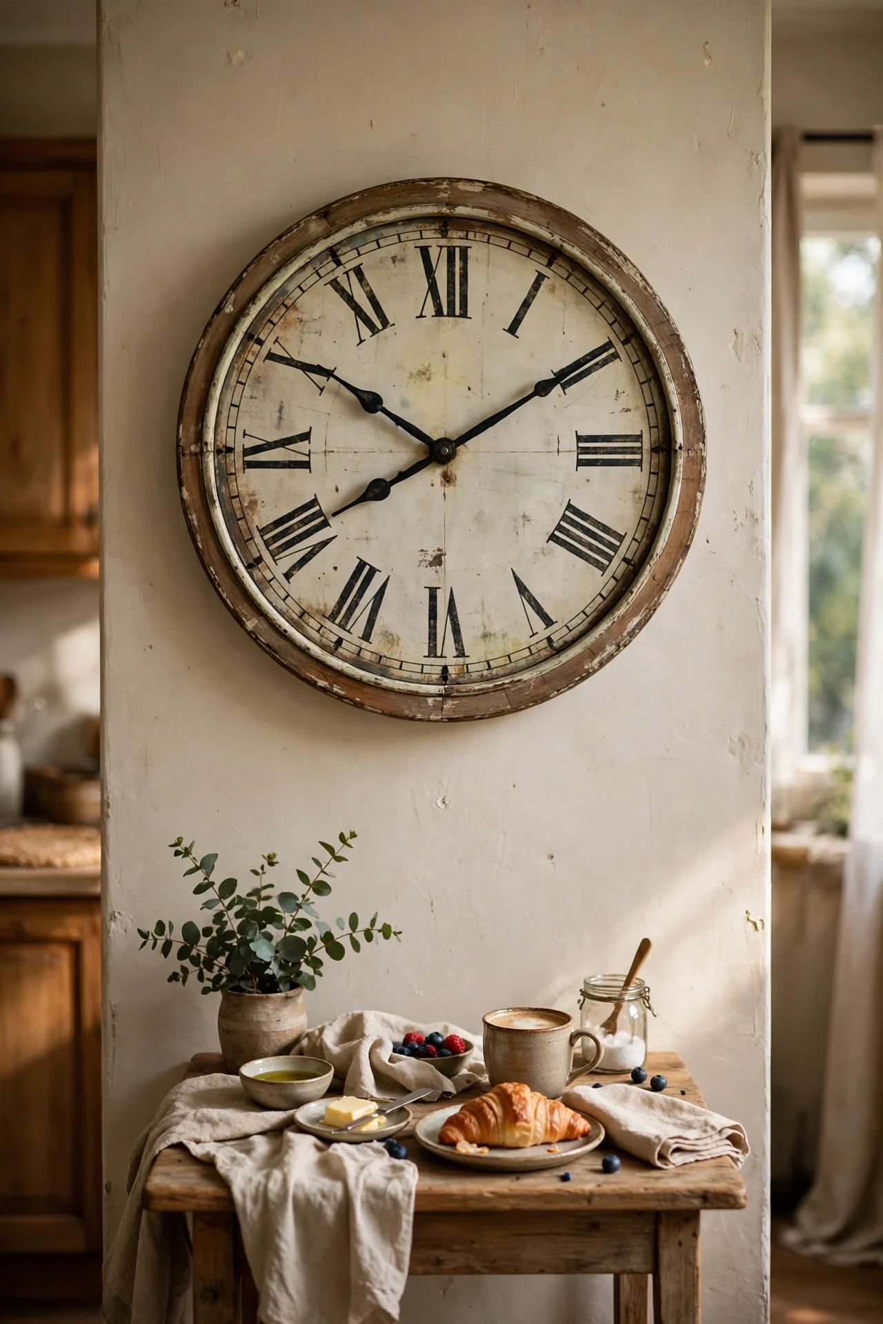 Large vintage-style wall clock above a breakfast table