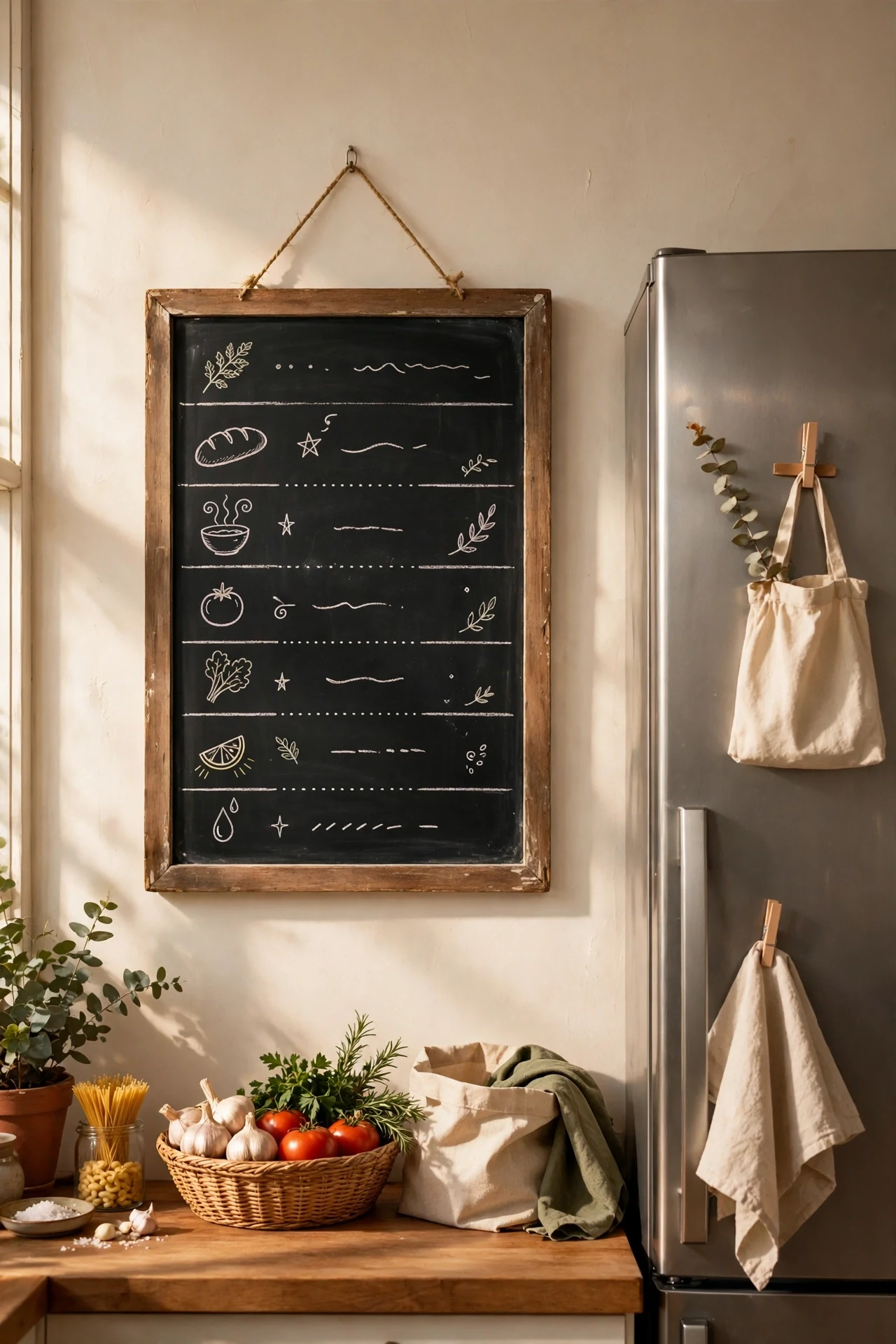 Chalkboard menu board hanging beside a kitchen fridge