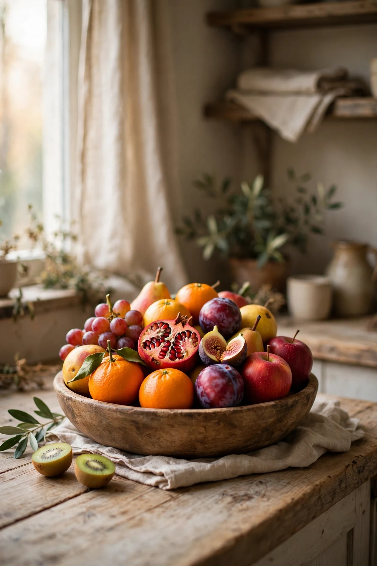 Wooden bowl of seasonal fruit on a kitchen counter