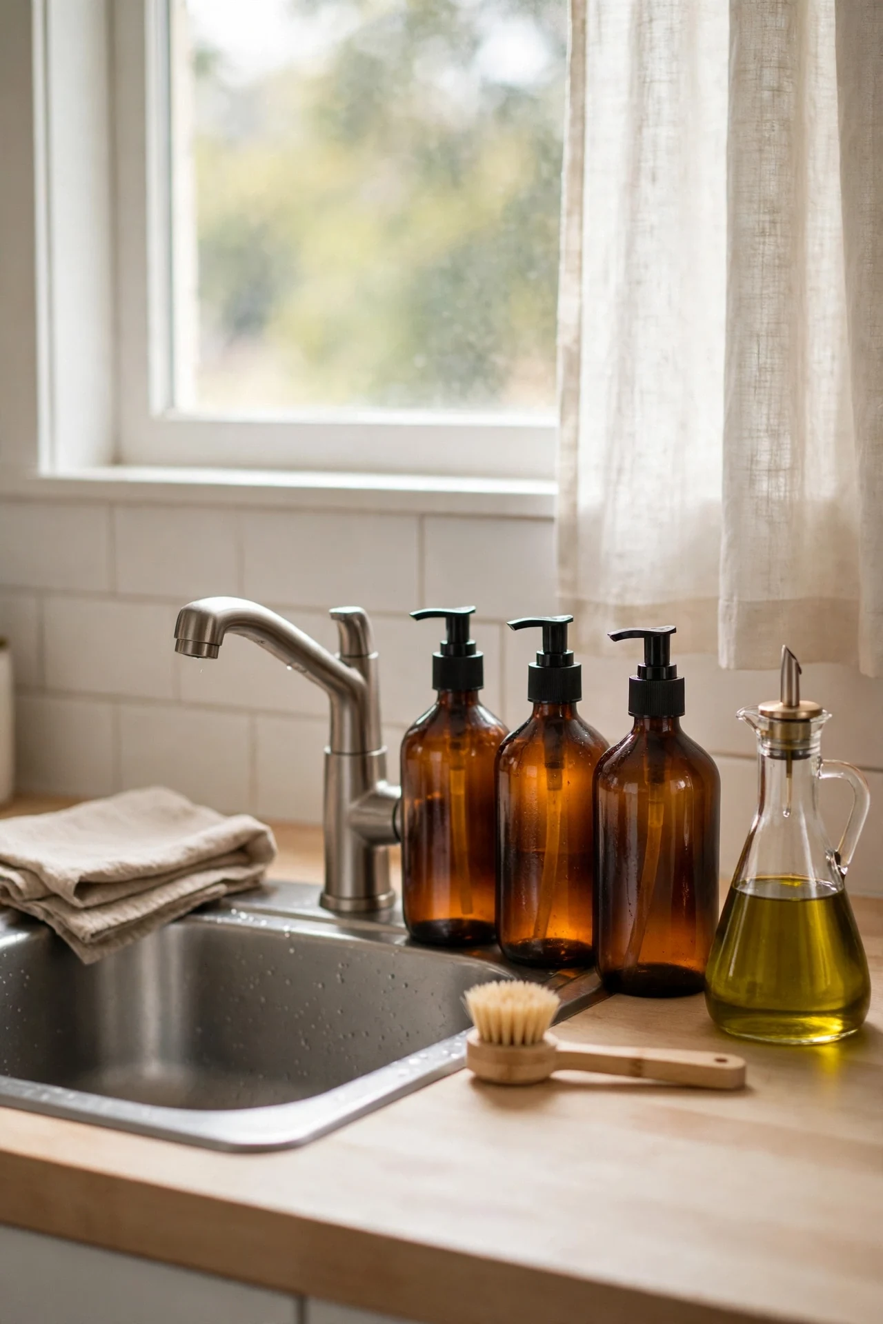Amber glass pump bottles decanted by a kitchen sink