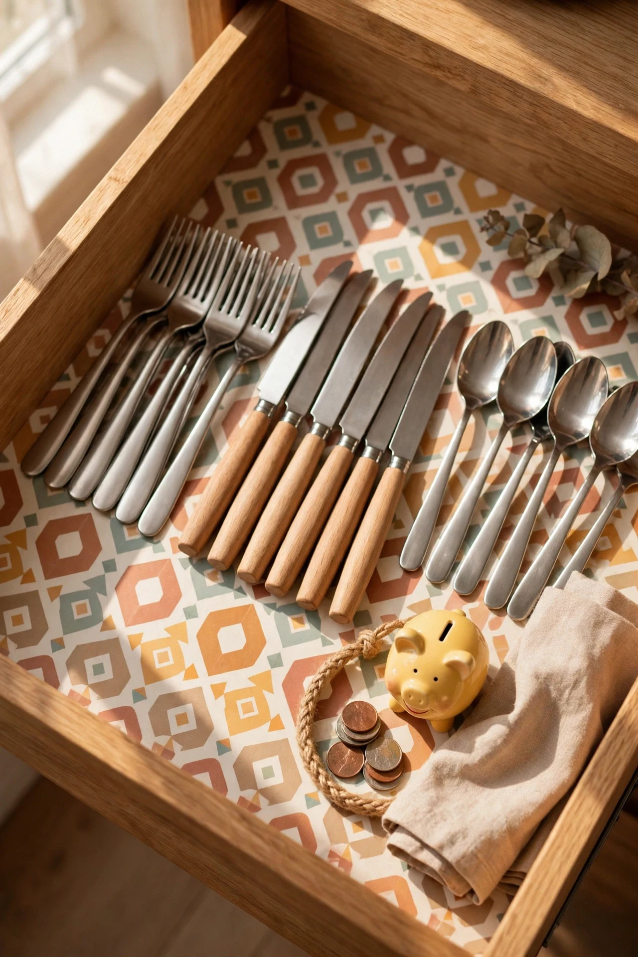 Open kitchen drawer revealing patterned drawer liner