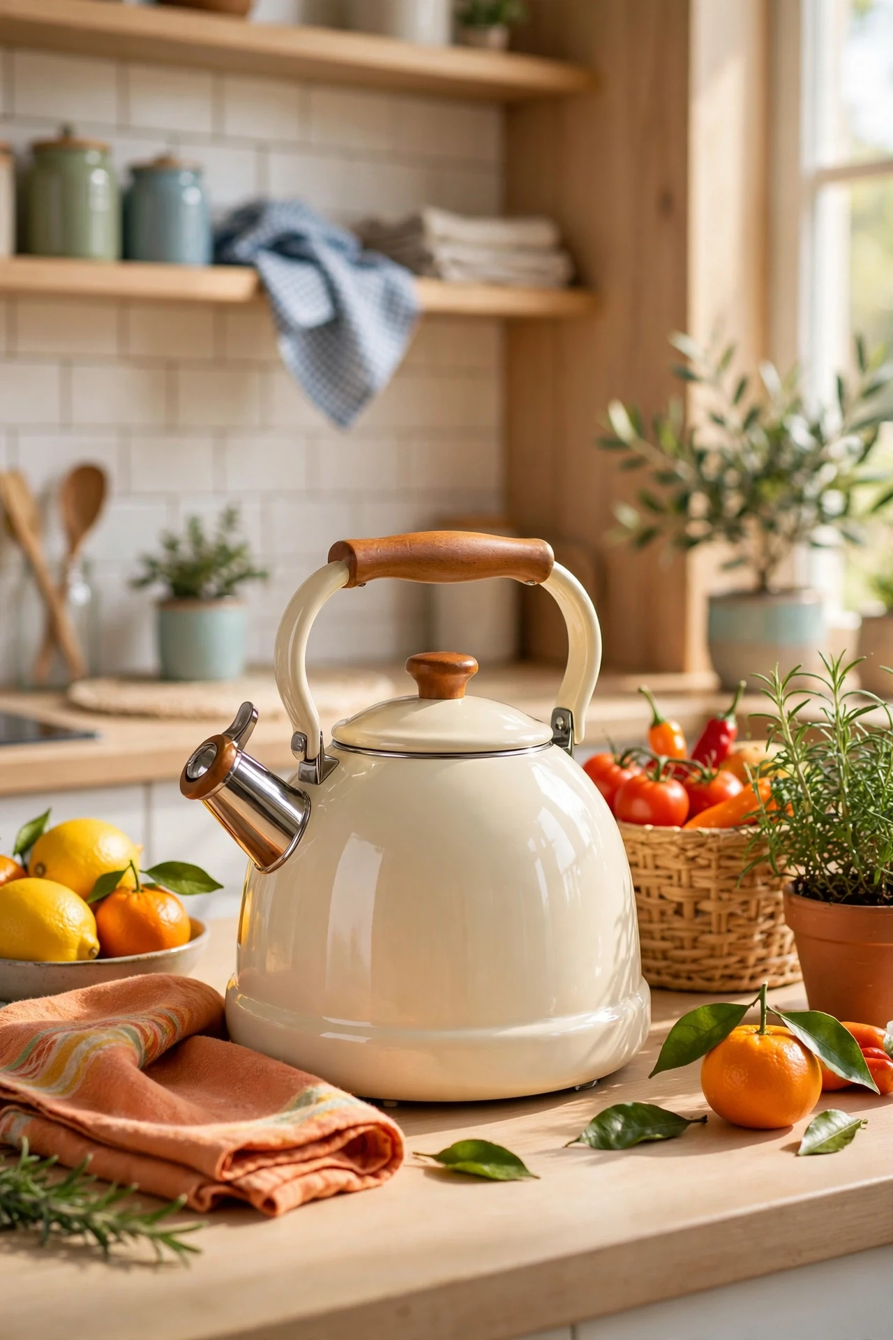 Cream retro-style kettle as a kitchen counter focal point
