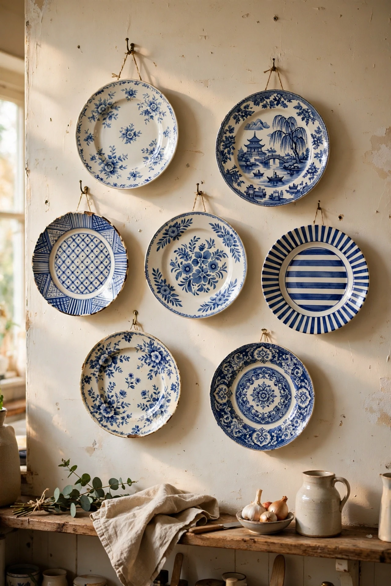 Cluster of decorative plates hung on a kitchen wall