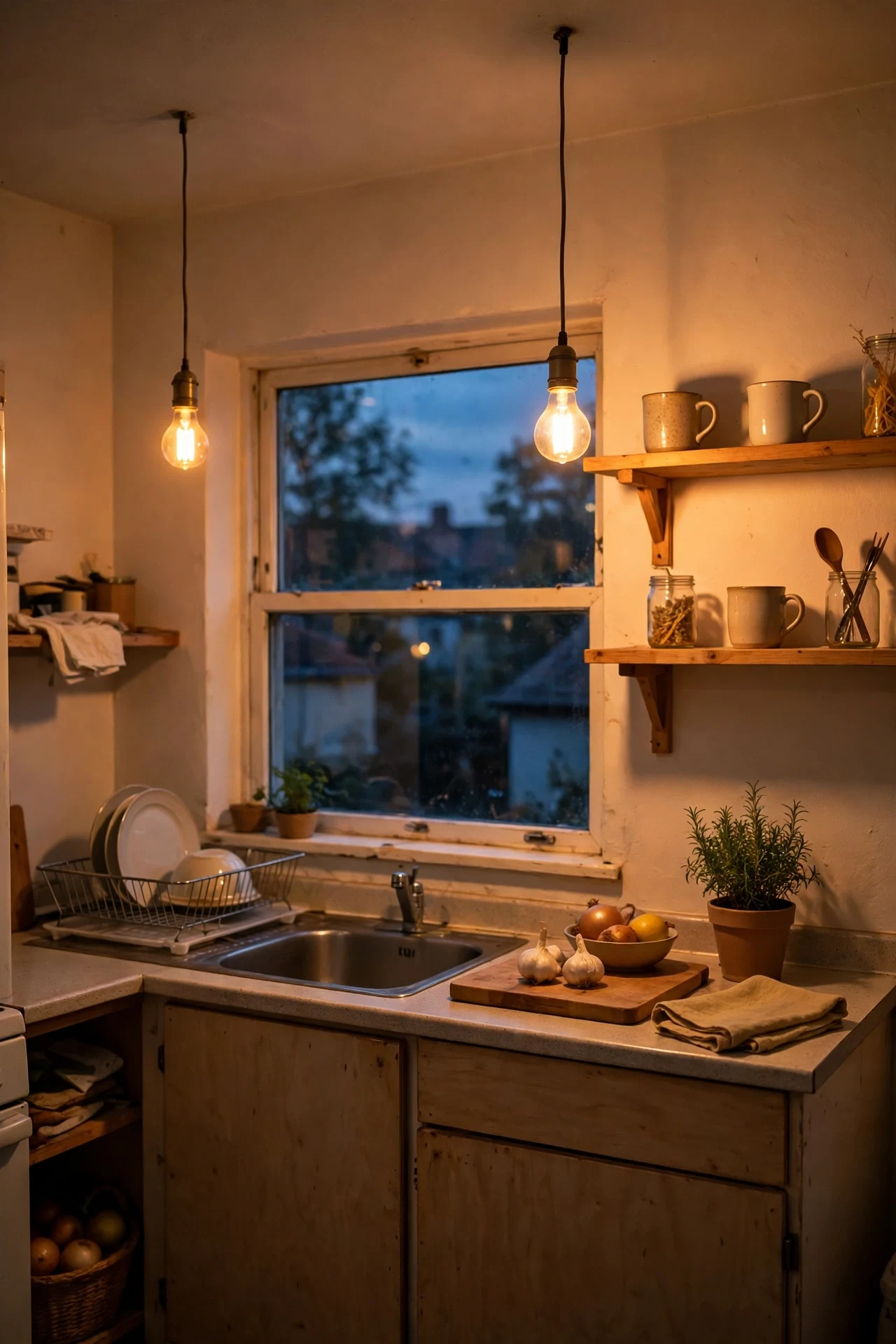 Kitchen glowing warmly under warm-white LED bulbs