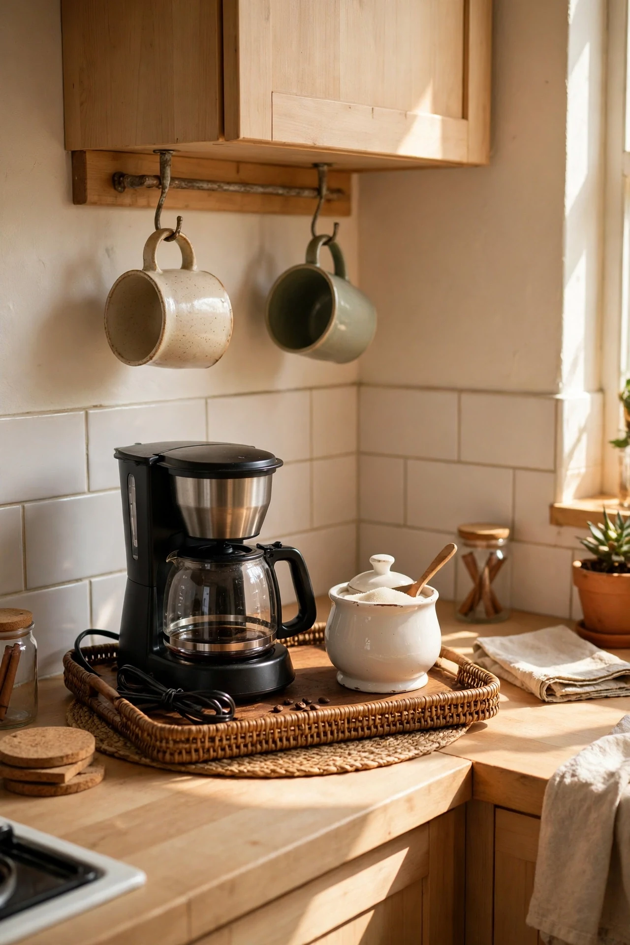 Styled coffee corner with tray mugs and coffee maker