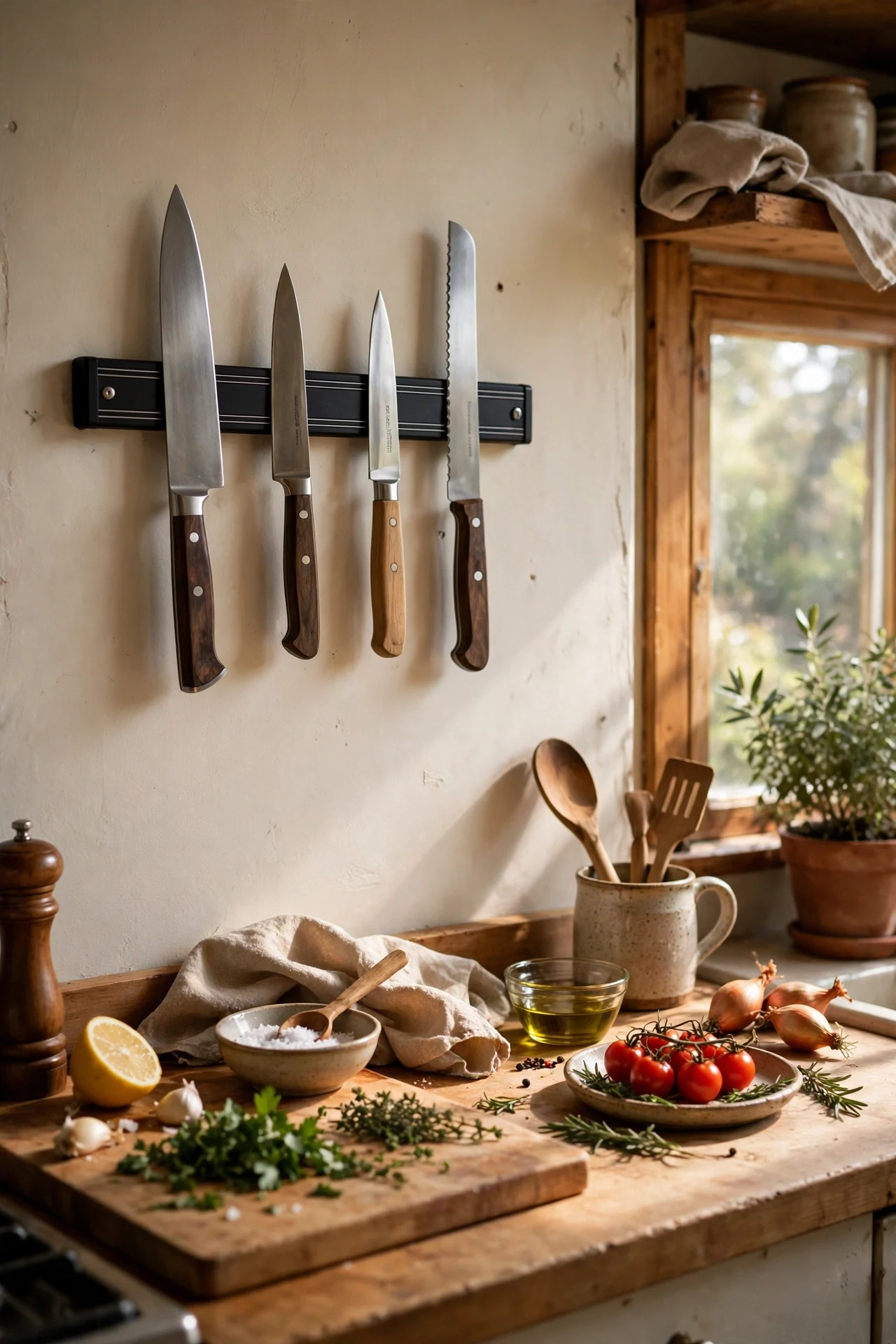 Magnetic knife strip mounted on kitchen wall