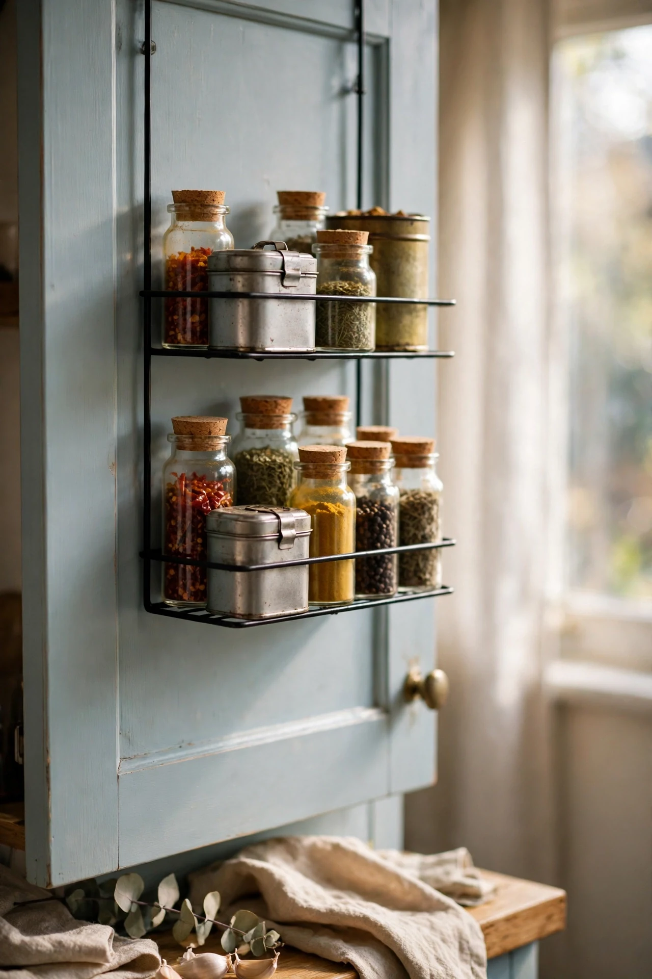Over-the-door rack with spices in small kitchen
