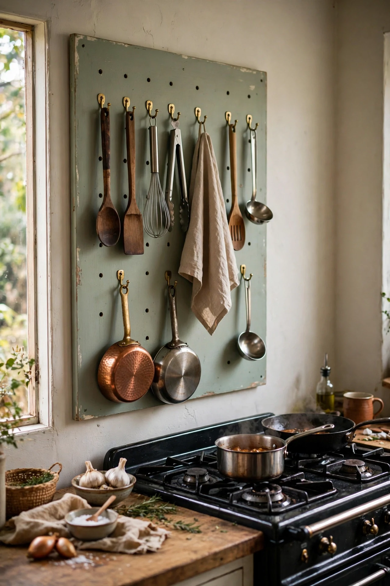 Painted pegboard with hanging kitchen utensils