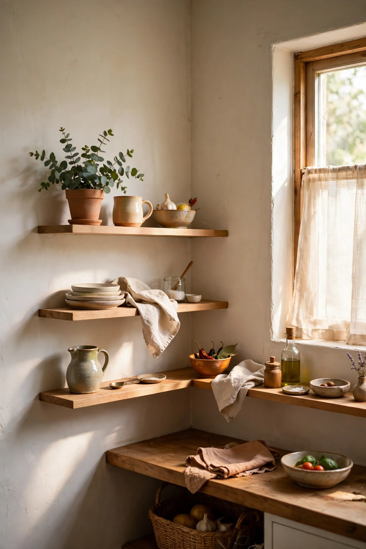 Floating corner shelves with pretty kitchenware