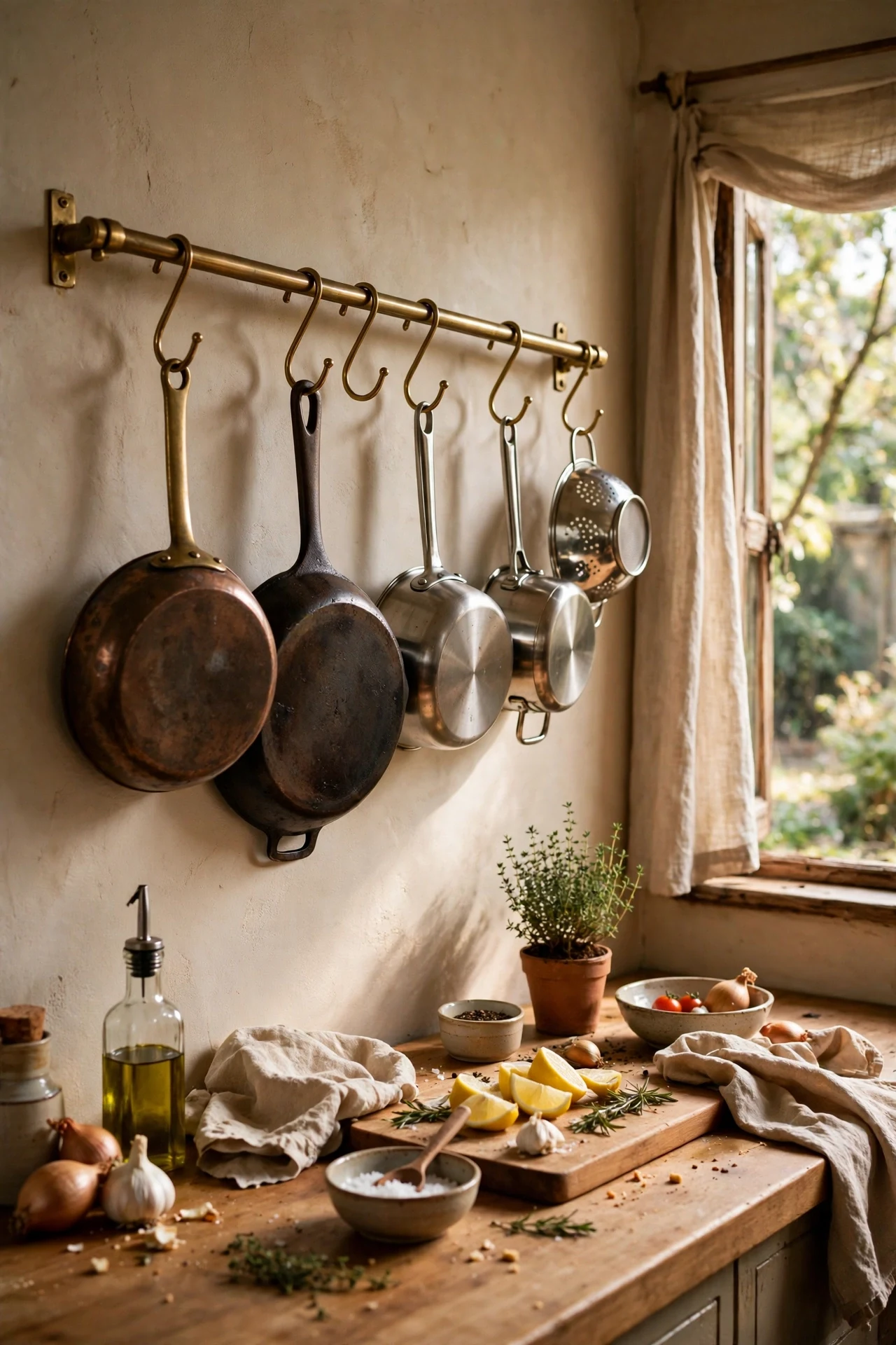 Wall rail with hanging pots and pans