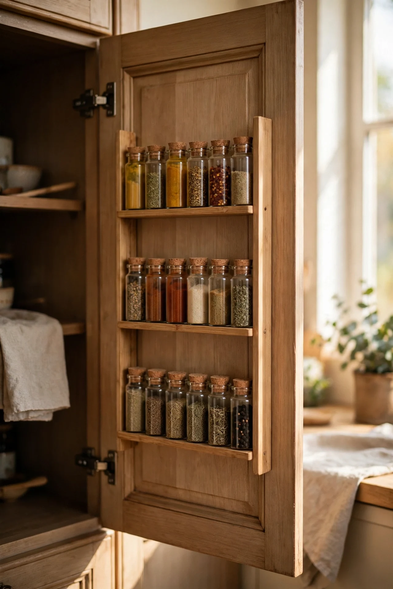 Slim spice racks inside a cabinet door