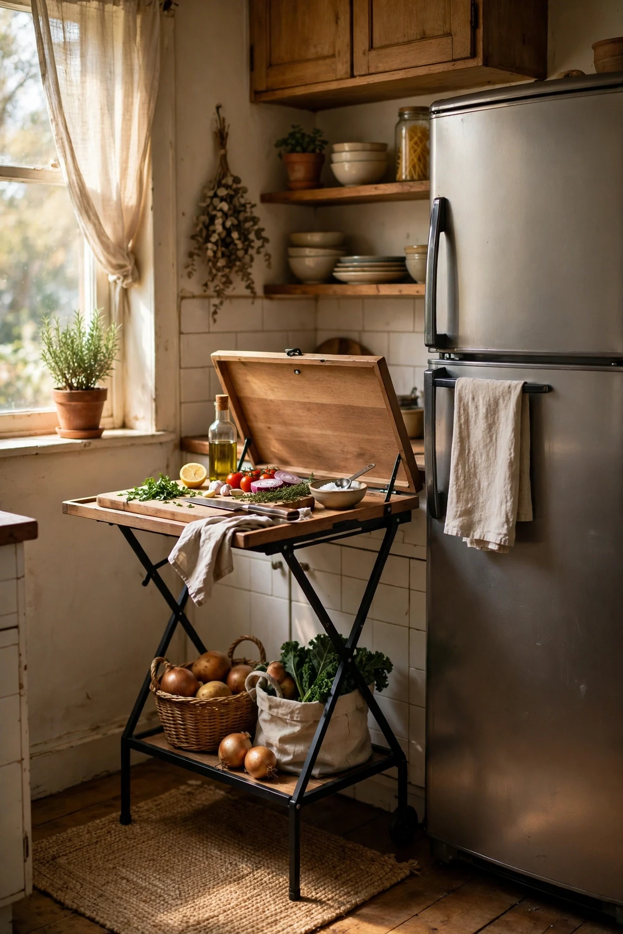 Slim folding kitchen cart beside a fridge