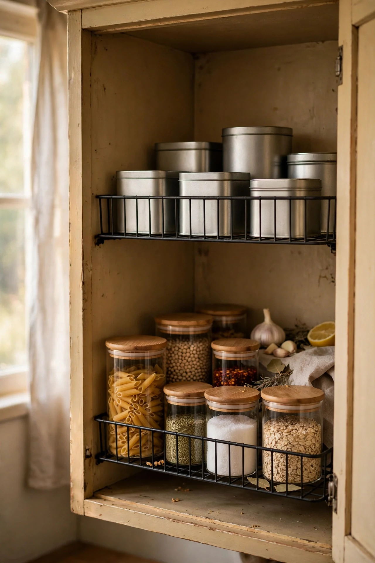 Shelf risers doubling cupboard storage space