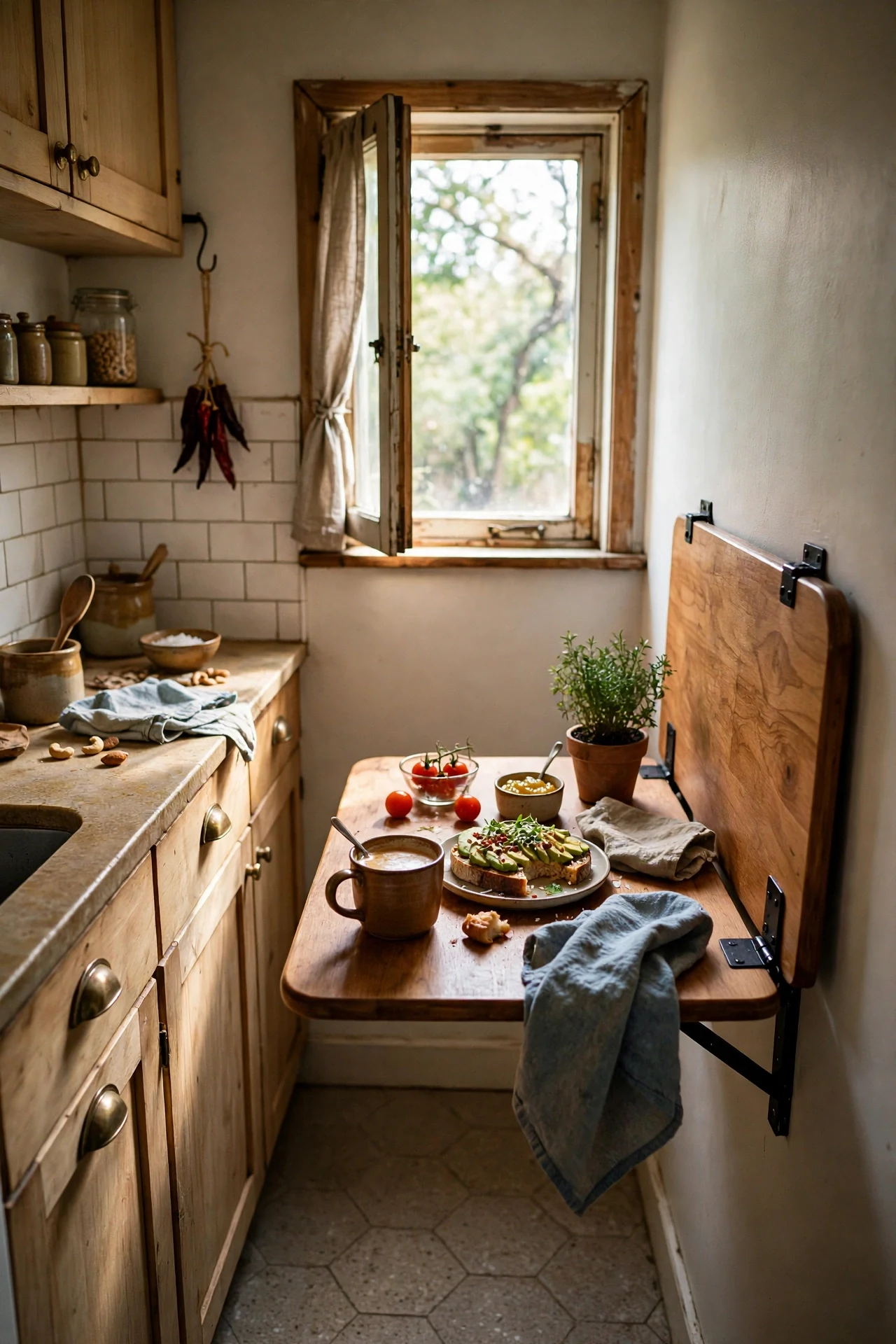Drop-leaf table folded on a kitchen wall