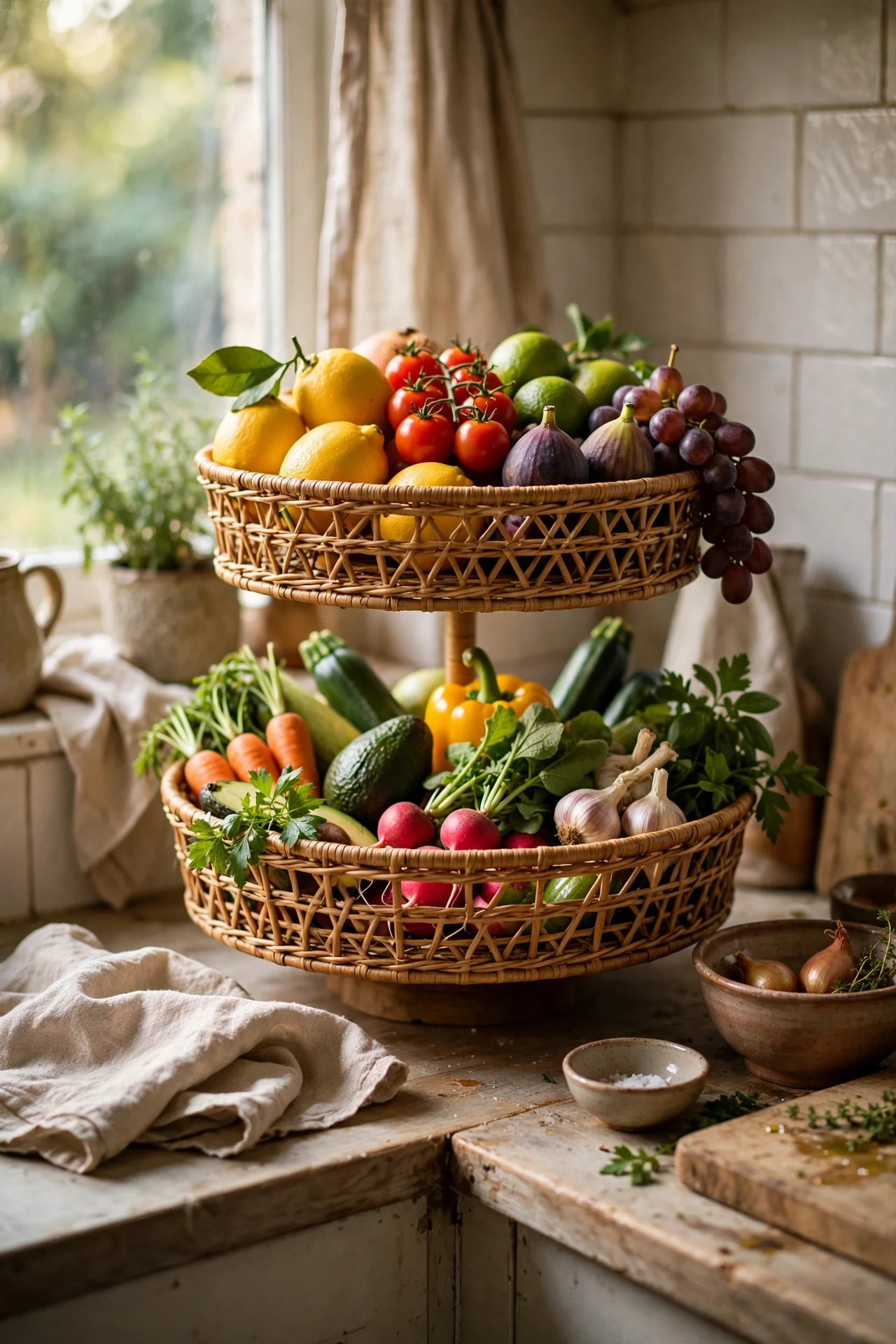 Tiered stand with colourful fruit and vegetables