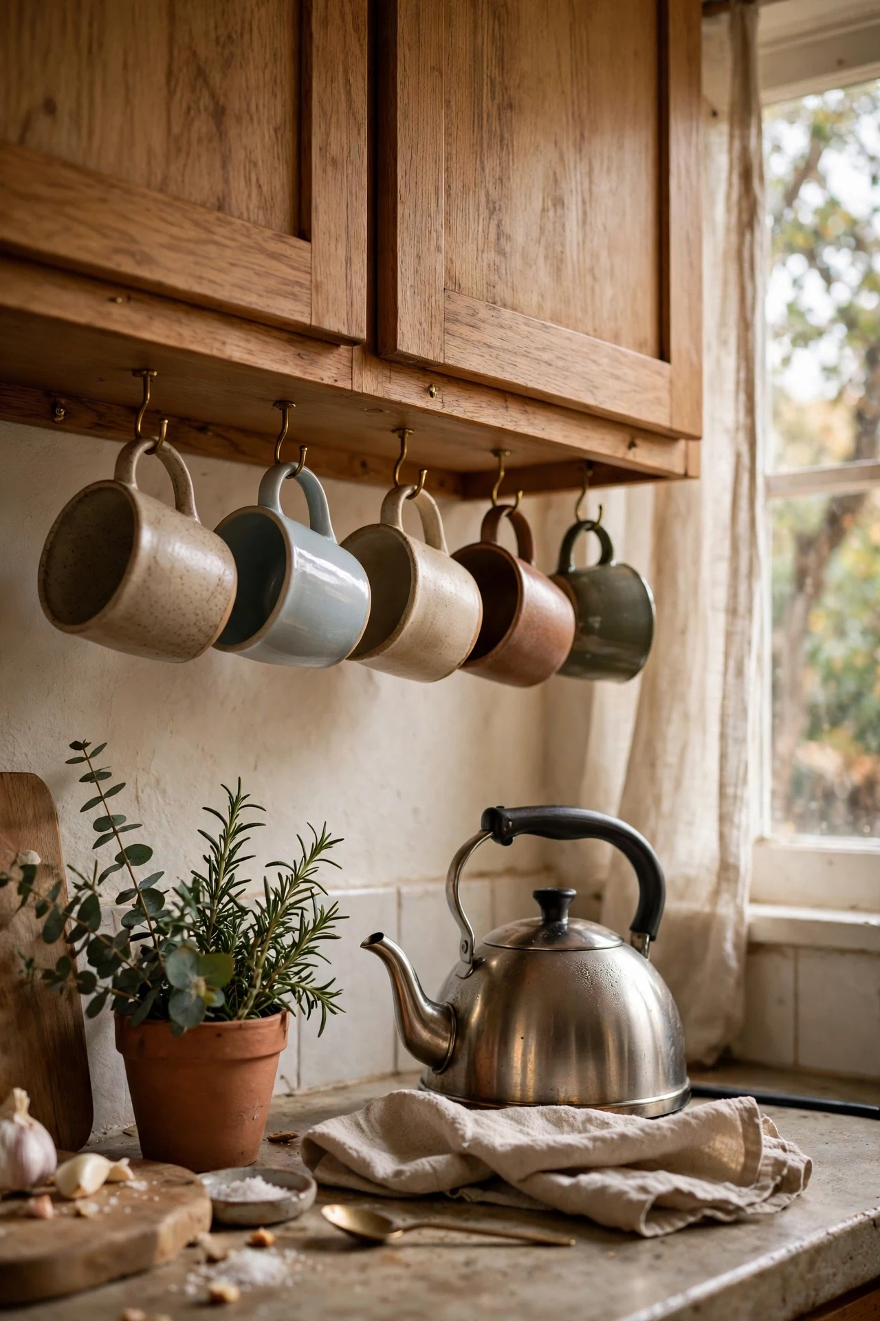 Mugs hanging from hooks under kitchen cabinets