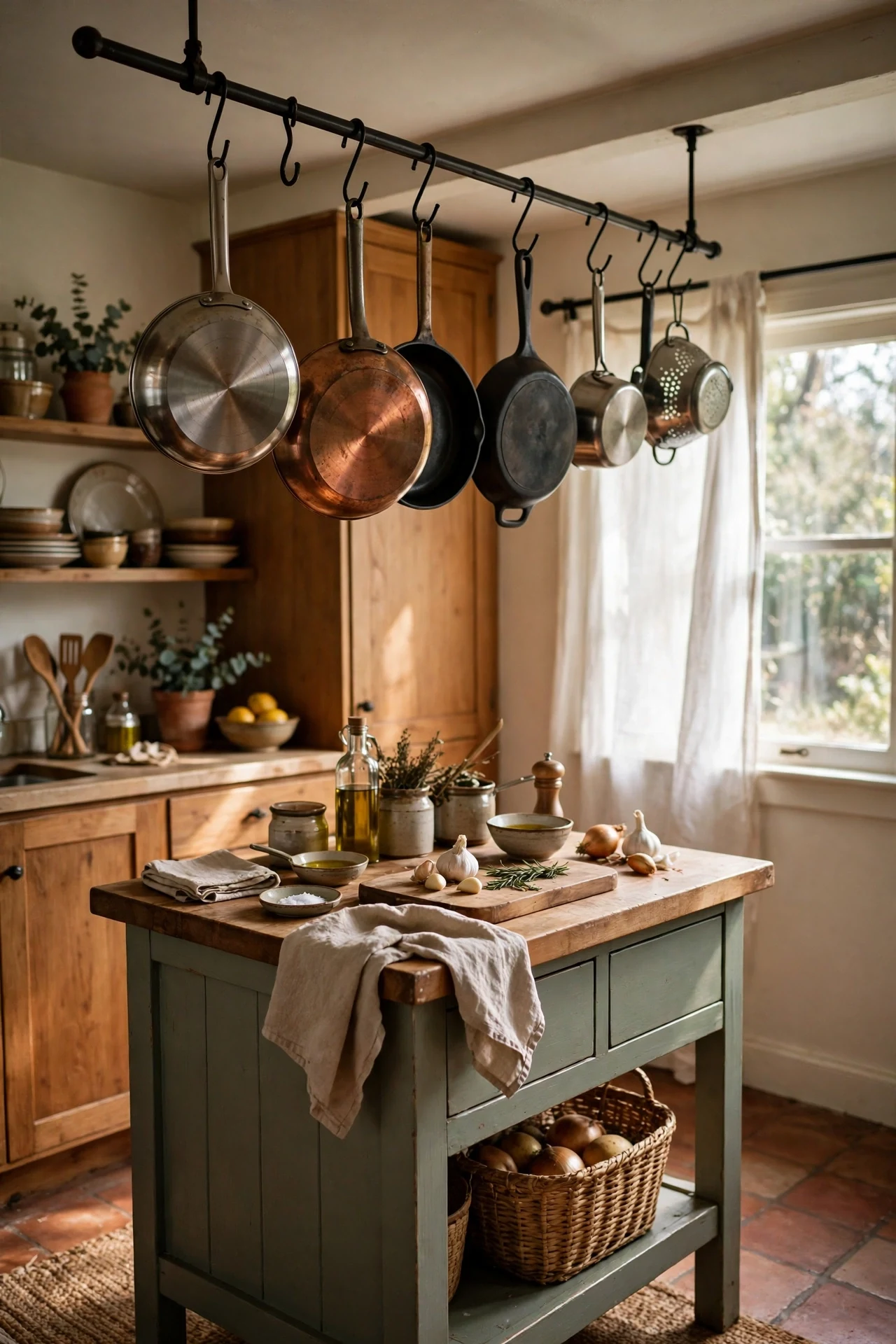 Ceiling-mounted pot rack over kitchen island