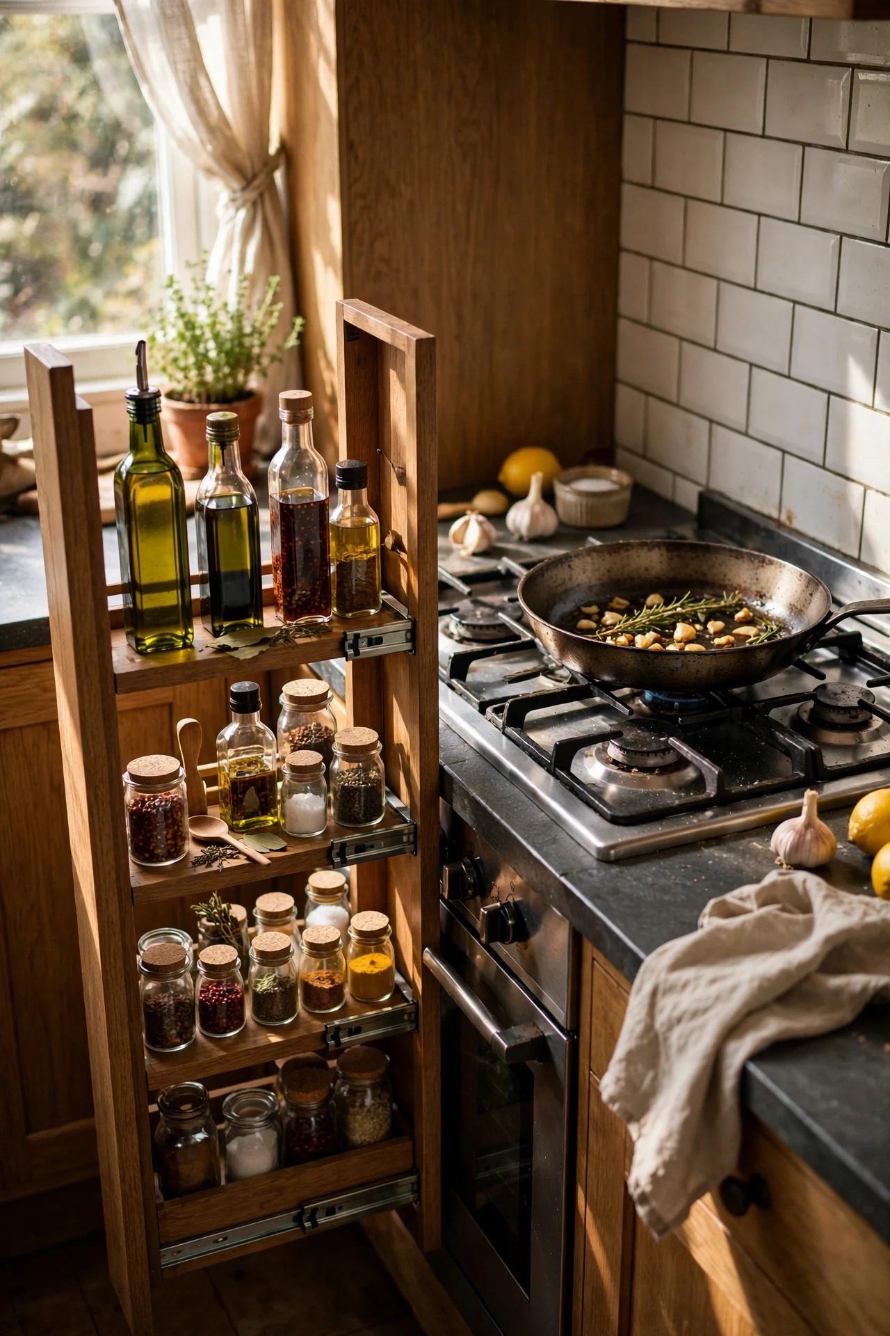 Slim pull-out shelf beside the cooker