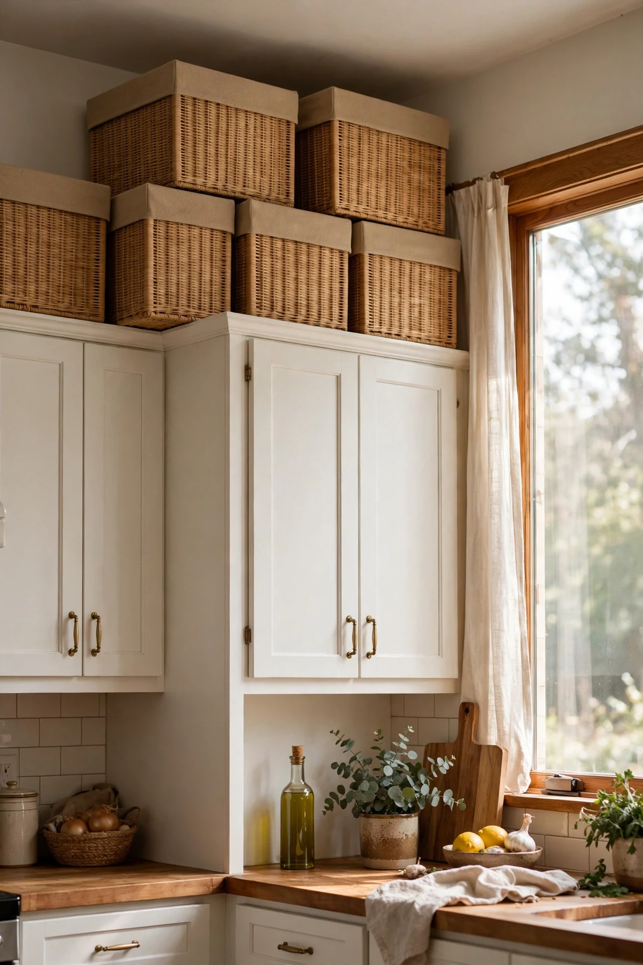 Storage boxes stacked on top of cabinets