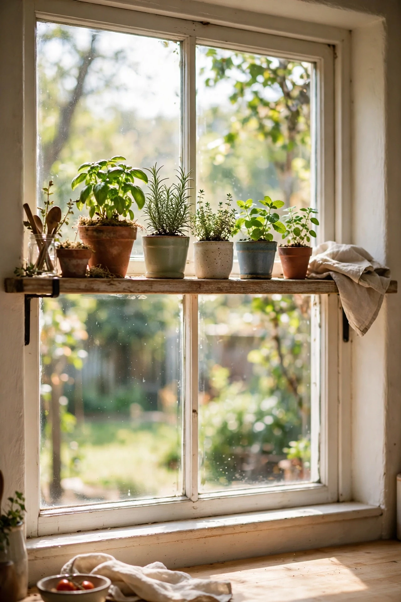 Herb pots on a shelf across the window