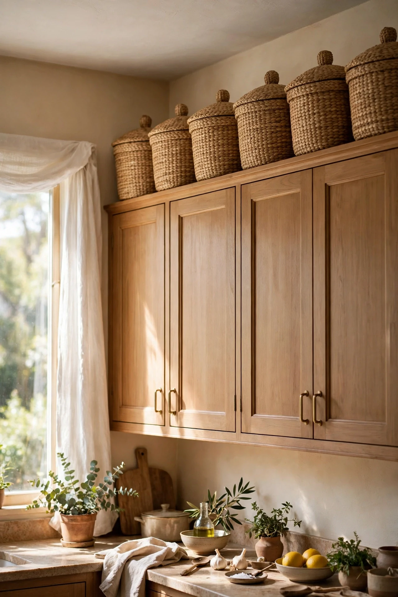 Matching baskets lined on top of cabinets