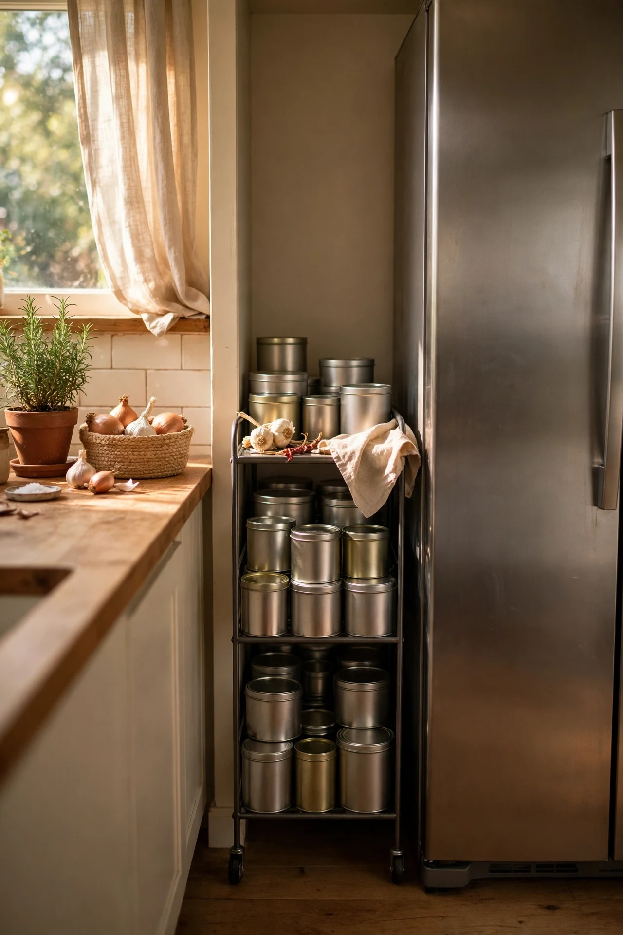 Slim rolling cart in the fridge gap