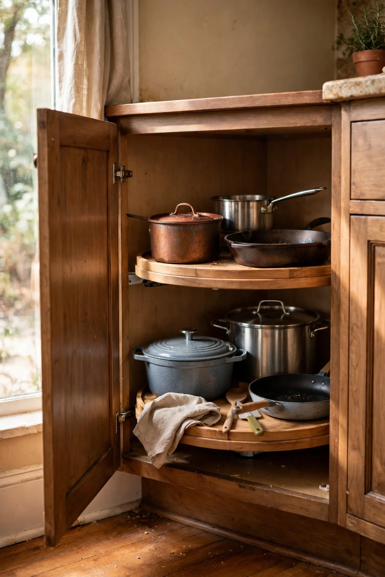 Lazy-Susan carousel inside corner cabinet