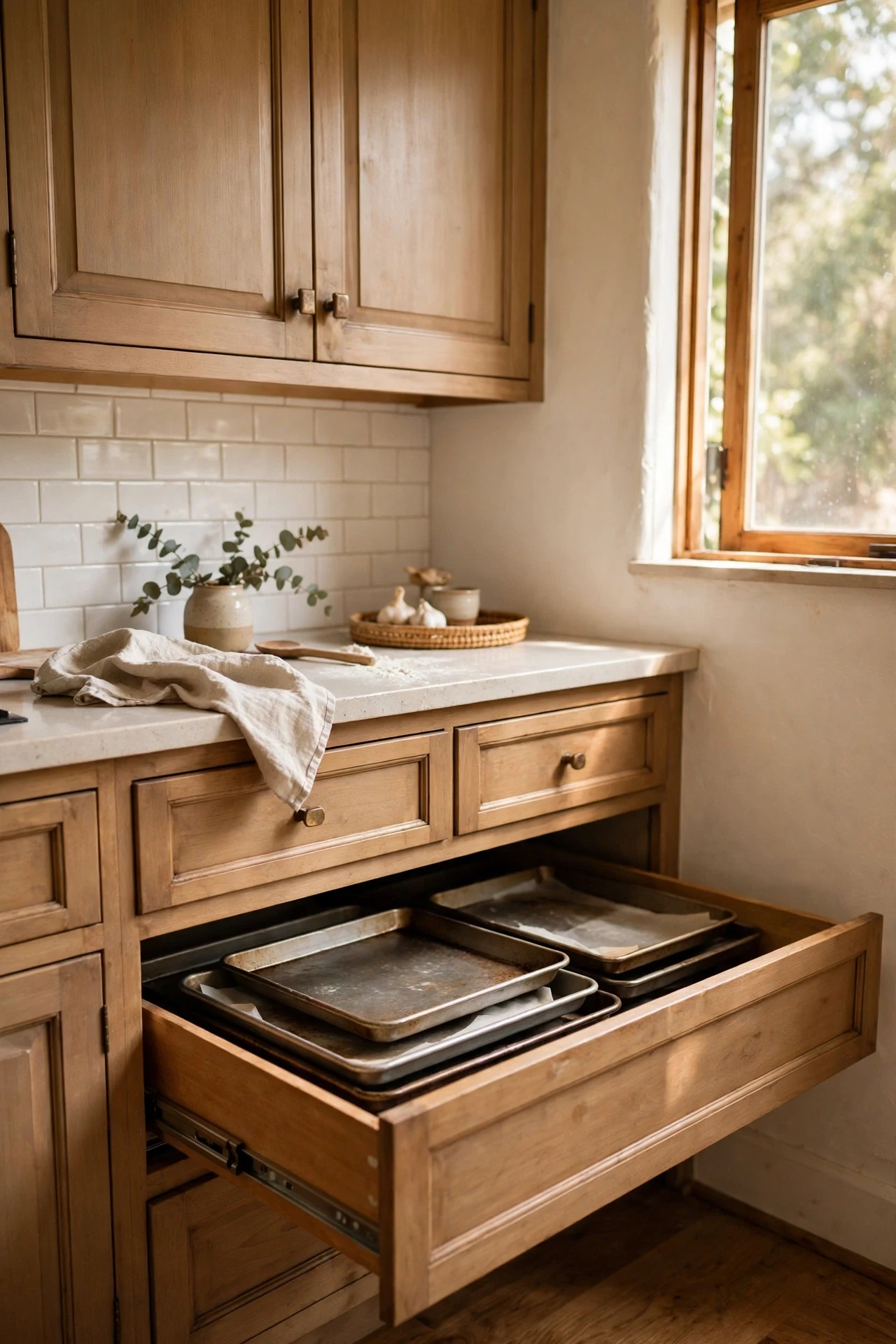 Toe-kick drawer open under kitchen cabinets